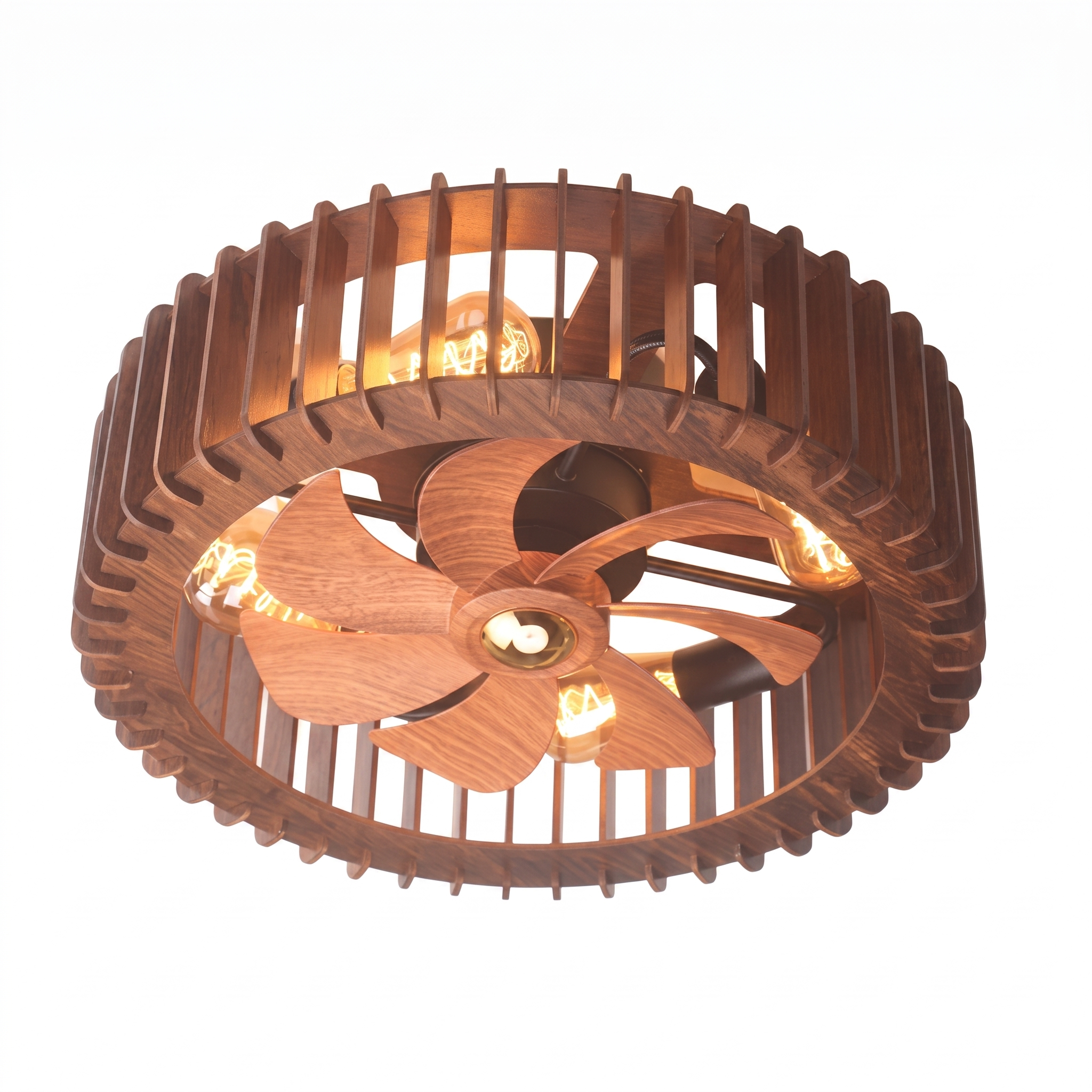 Vintage Wooden Cage Ceiling Fan with Lights Flush Mount Rustic Ceiling Fan for Bedroom Living Room