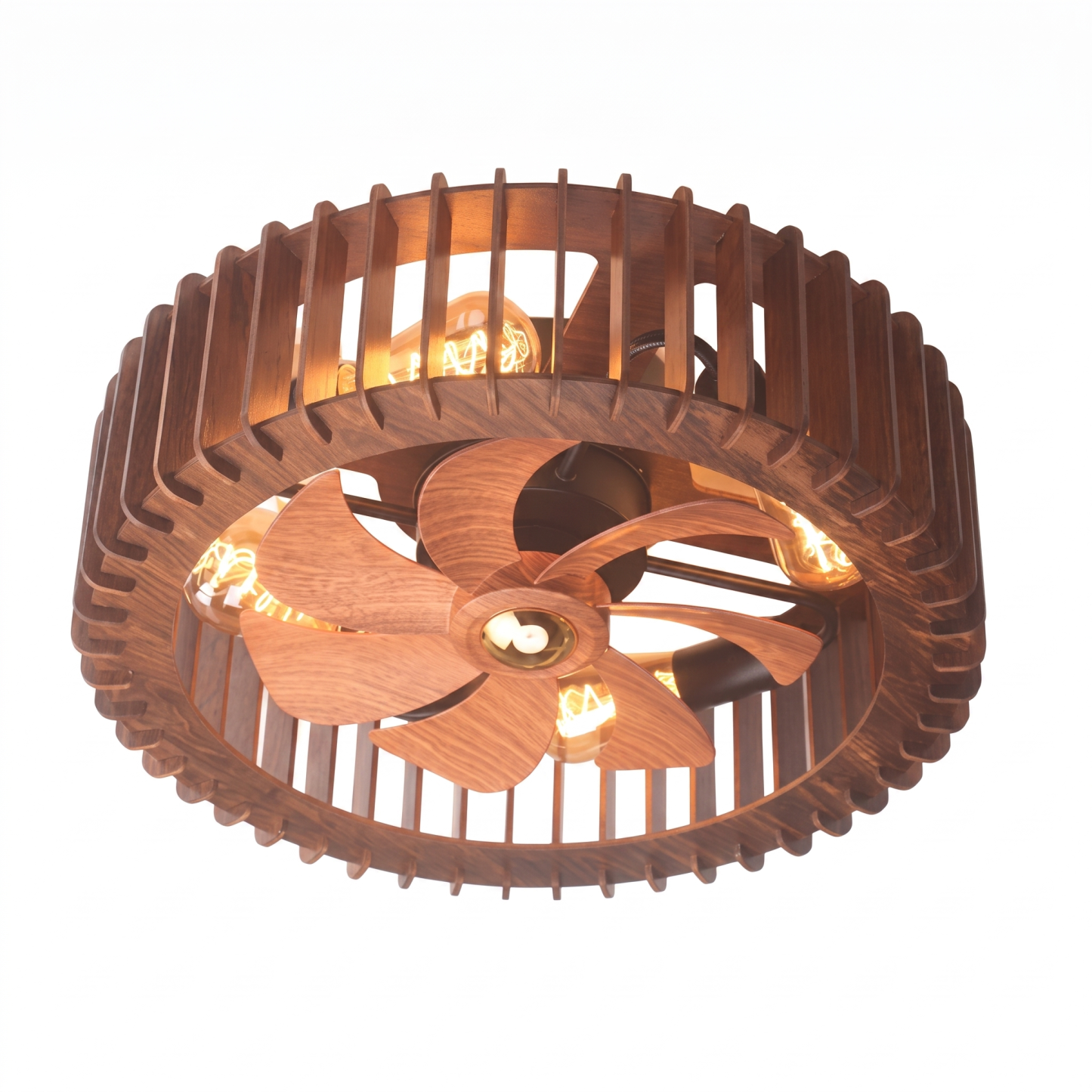 Vintage Wooden Cage Ceiling Fan with Lights Flush Mount Rustic Ceiling Fan for Bedroom Living Room