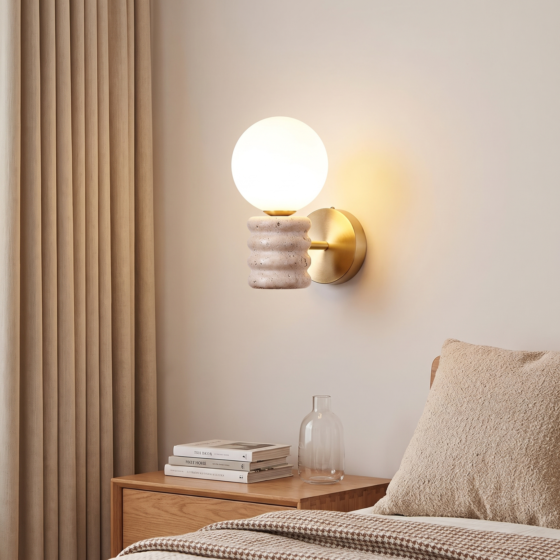 Modern Yellow Travertine Wall Sconce-Nordic Fluted Stone Wall Sconce Light for Bedroom Living Room Hallway