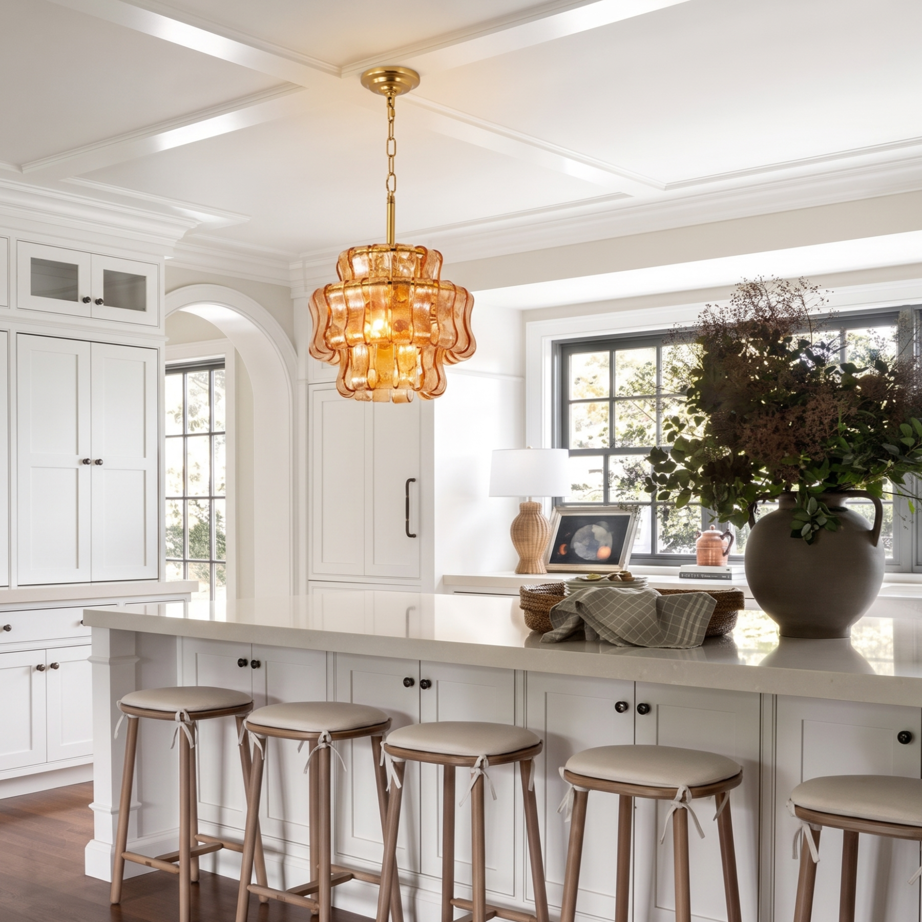 Vintage Ribbed Glass Pendant Light Mid-Century Modern Chandelier for Kitchen Island Dining Room 
