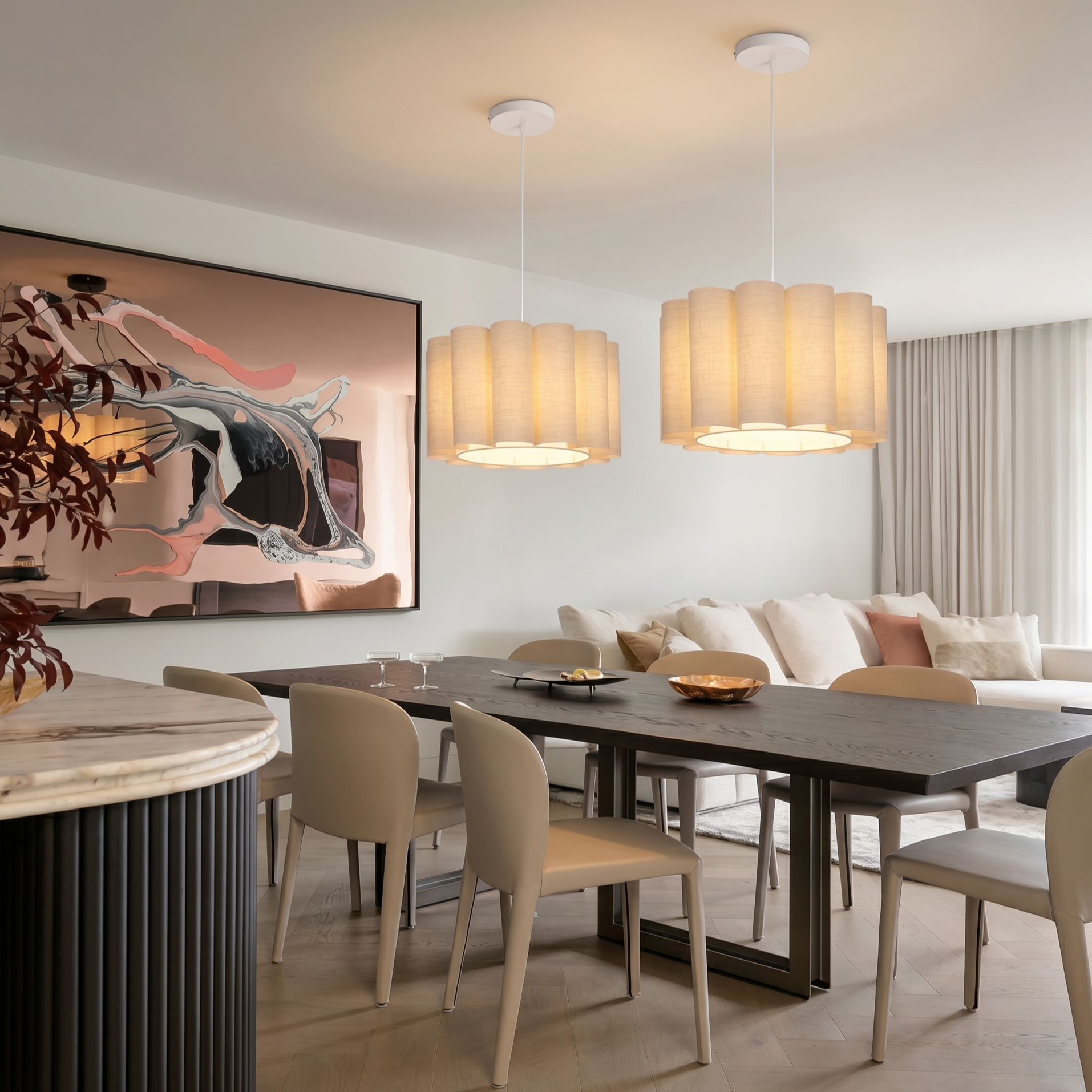 Modern Scalloped Fabric Pendant Light, Elegant Fabric Drum Chandelier  for BedroomLiving Room 