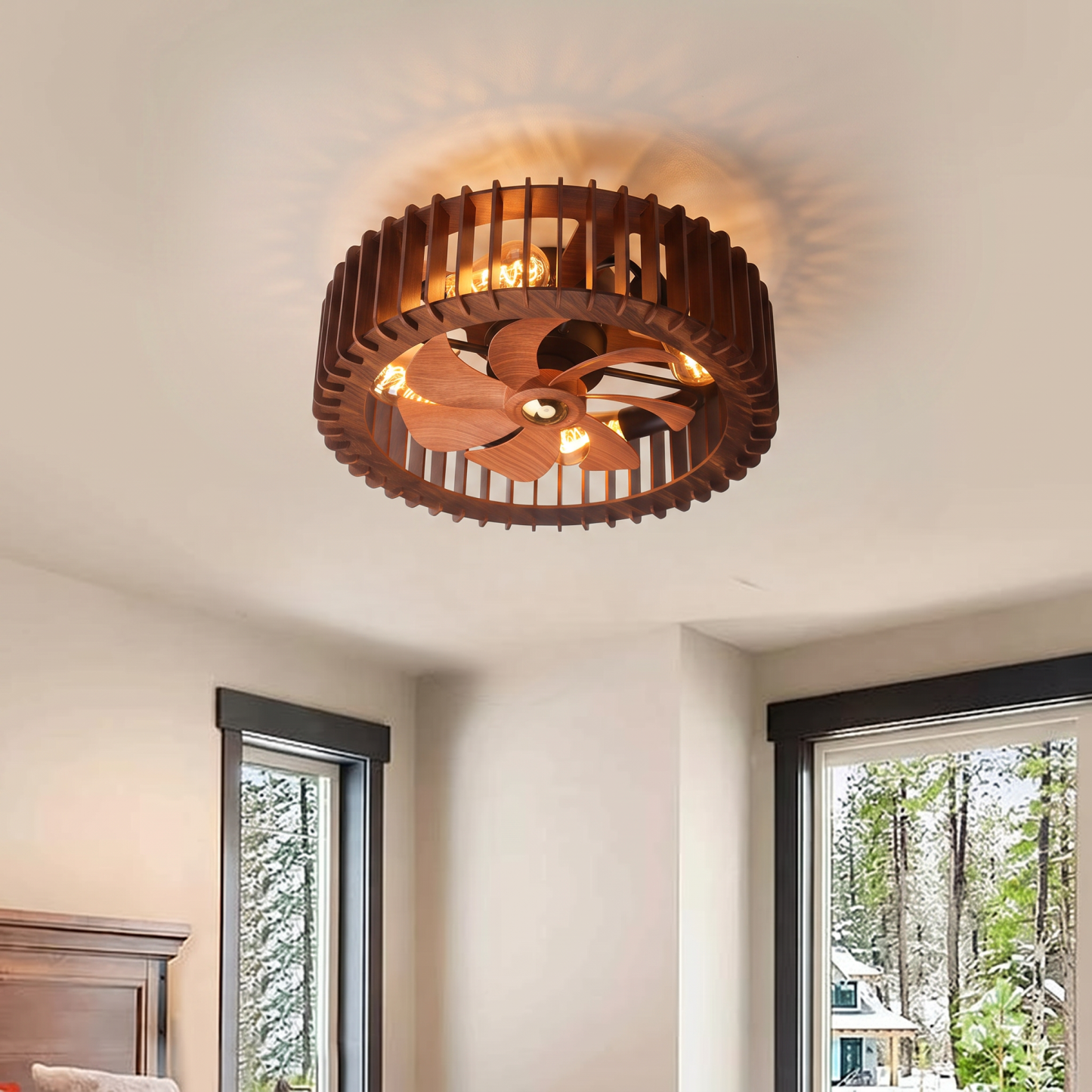 Vintage Wooden Cage Ceiling Fan with Lights Flush Mount Rustic Ceiling Fan for Bedroom Living Room