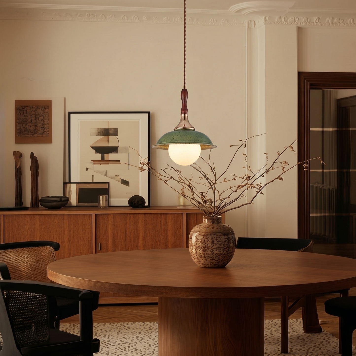 Wabi-Sabi Green Ceramic Hanging Pendant Light for for Dining Room Kitchen Island Cafe