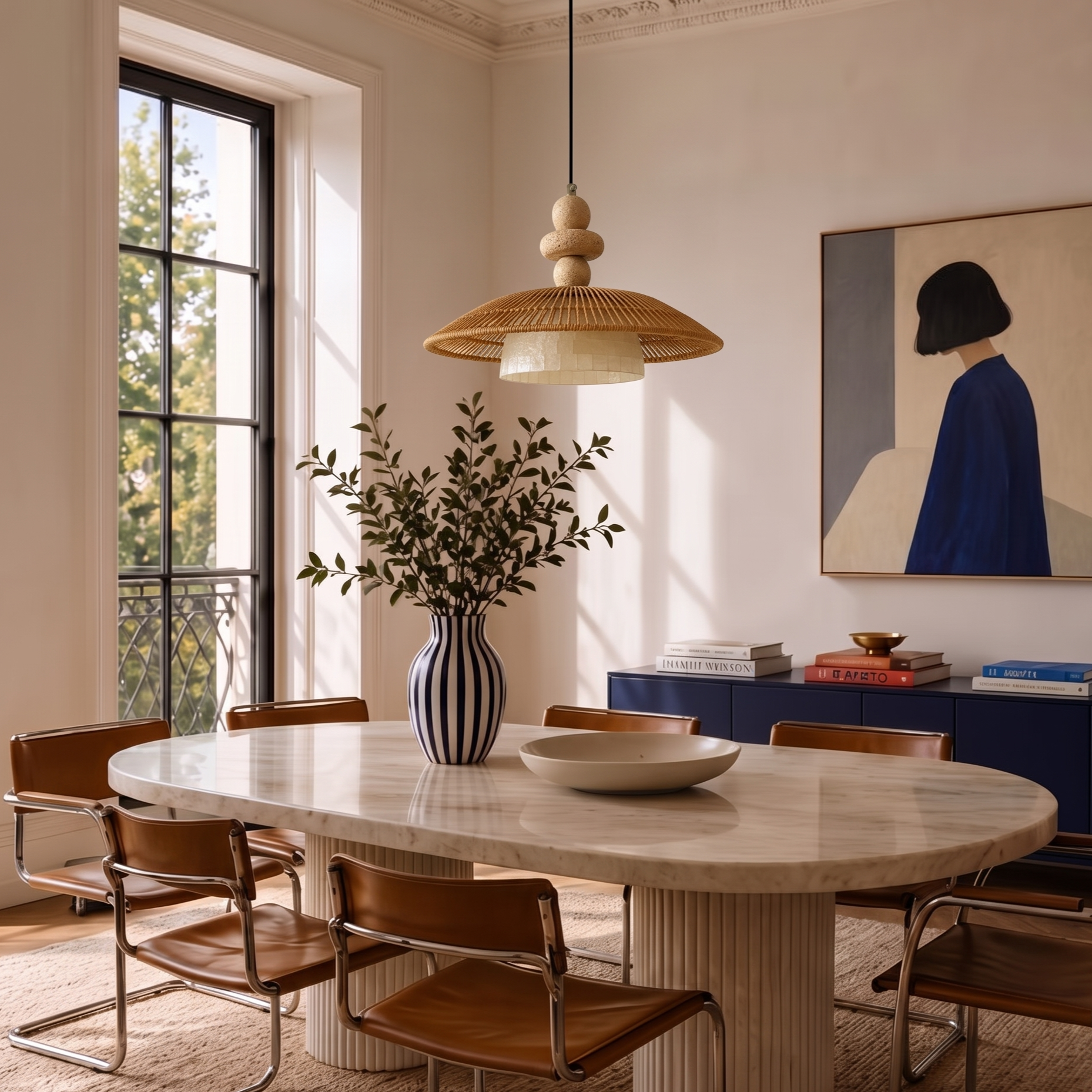 Wabi Sabi Rope Pendant Light with Shell Accent-Minimalist Boho Hanging Ceiling Lamp for Dining Room