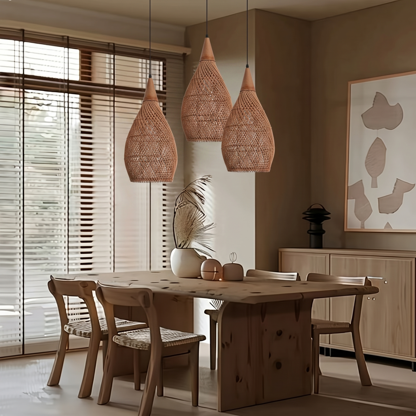 Handcrafted Rattan Pendant Light Retro Wabi-Sabi-style Chandelier for Dining Room Kitchen Island