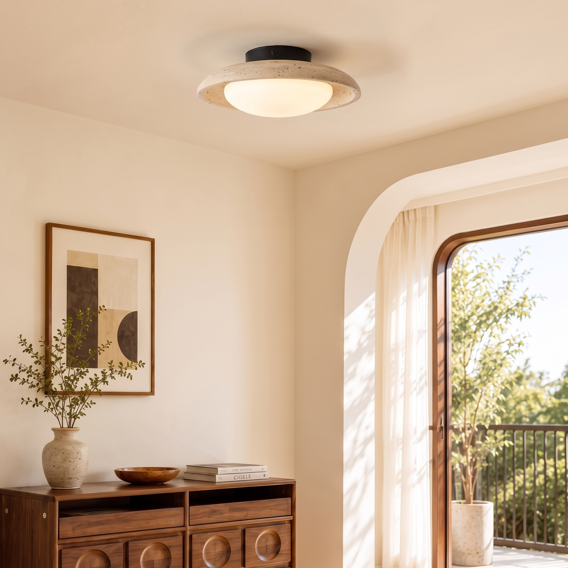Wabi-Sabi Retro Yellow Travertine Flush Mount Ceiling Light for for Living Room Bedroom Entryway