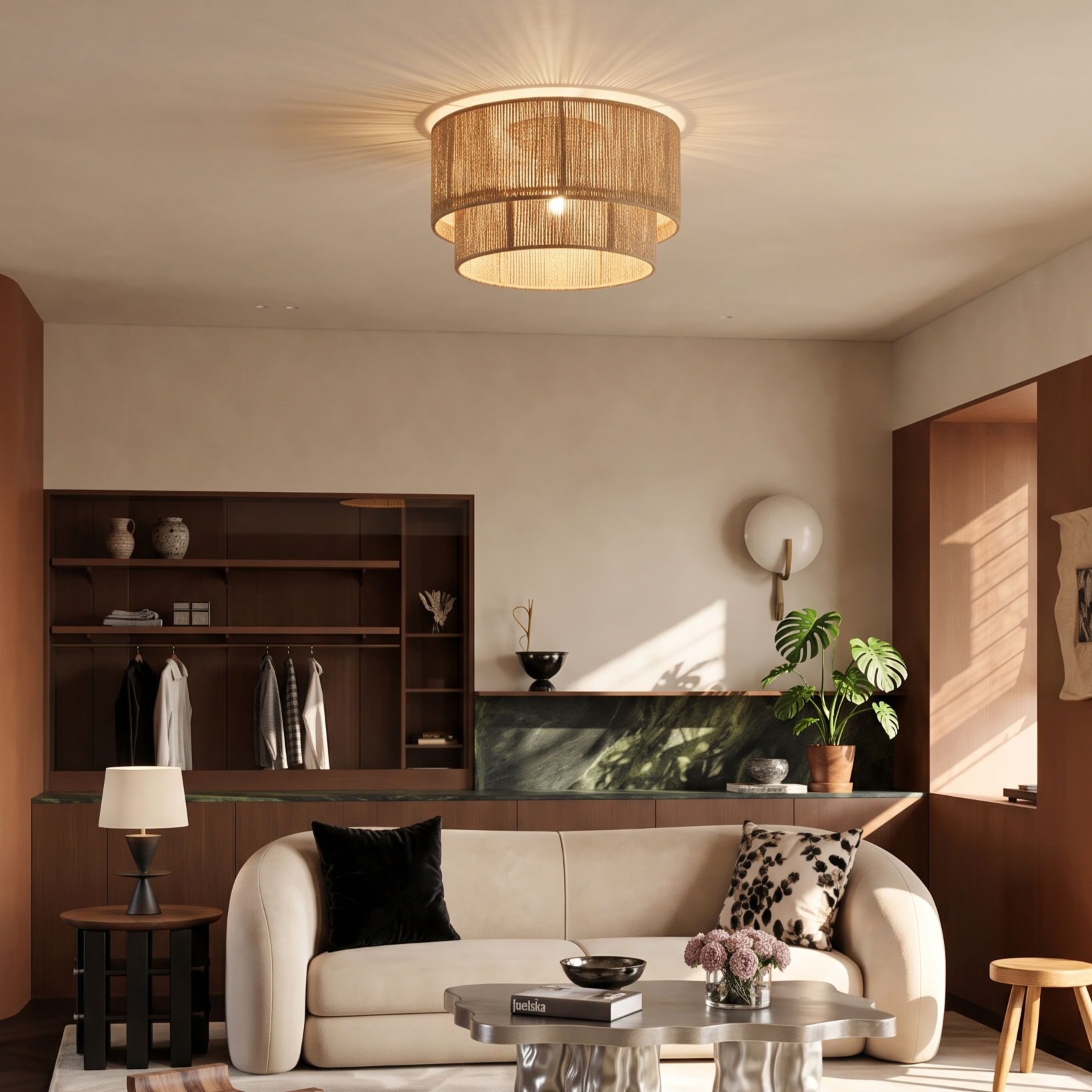 Japanese Retro Hemp Rope Semi Flush Ceiling Lamp for Bedroom
