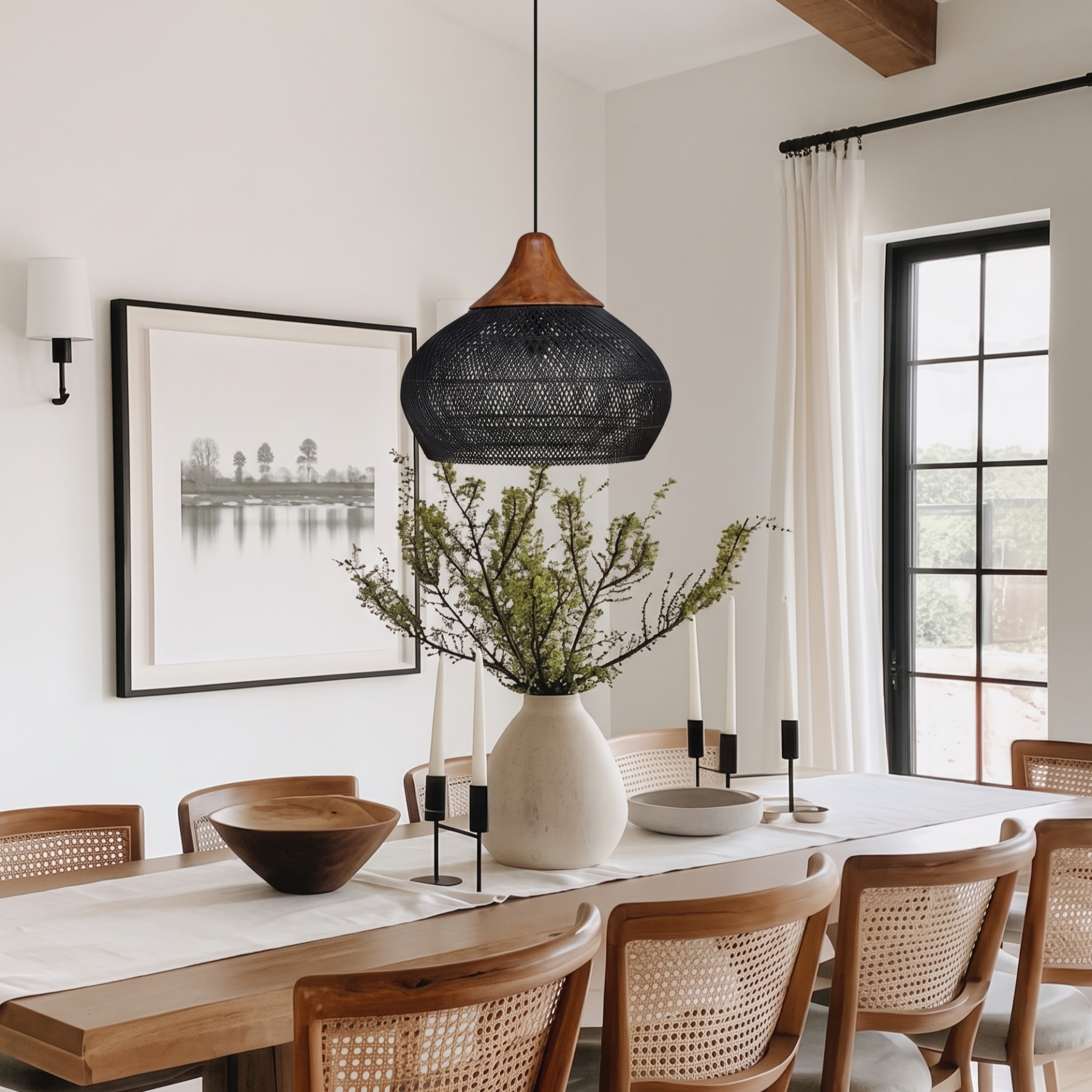 Black Rattan Dome Pendant Light for Kitchen Island