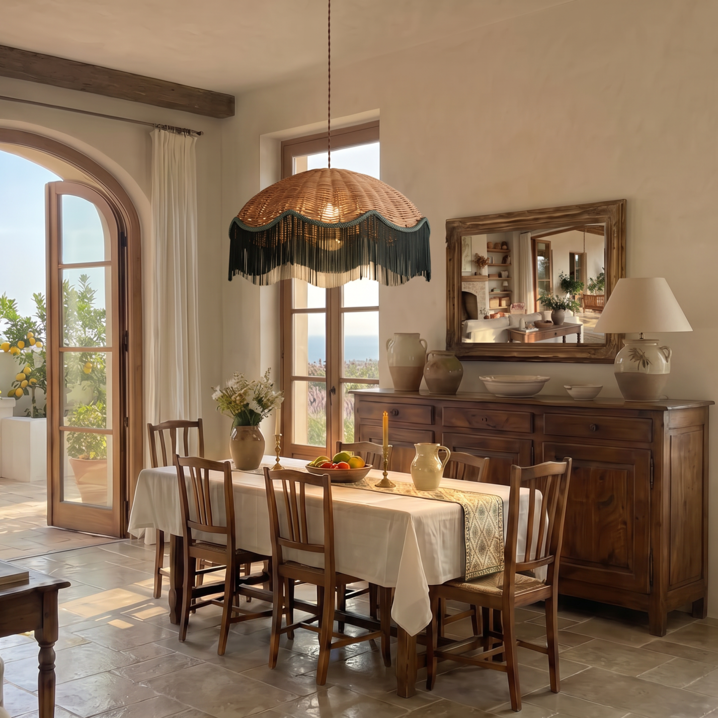 Handwoven Rattan and Fringe Pendant Light Vintage Bohemian Chandelier for Dining Room