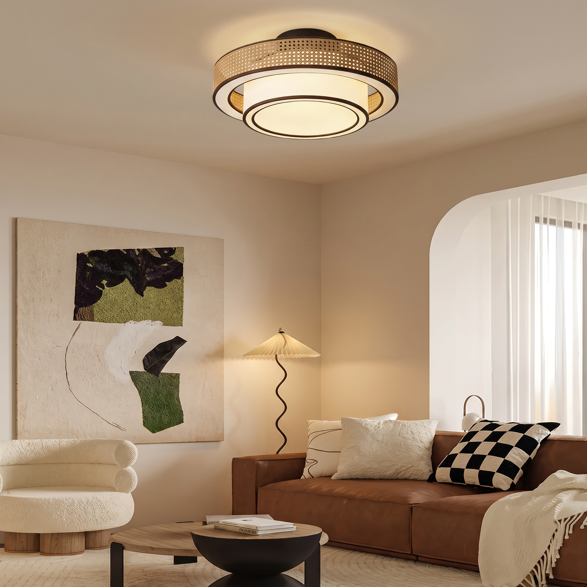 Japanese style Drum Rattan Flush Mount Ceiling Light for Bedroom Living Room