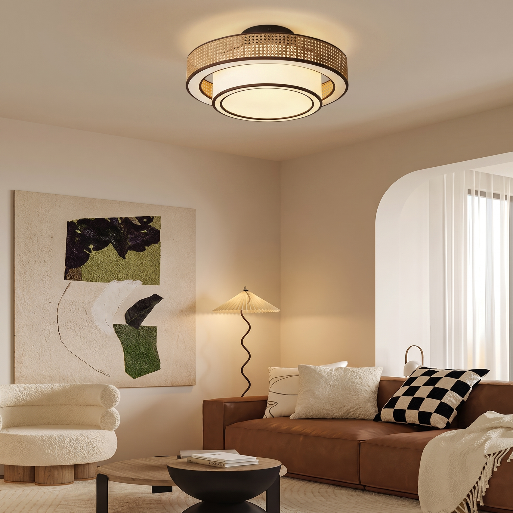 Japanese style Drum Rattan Flush Mount Ceiling Light for Bedroom Living Room
