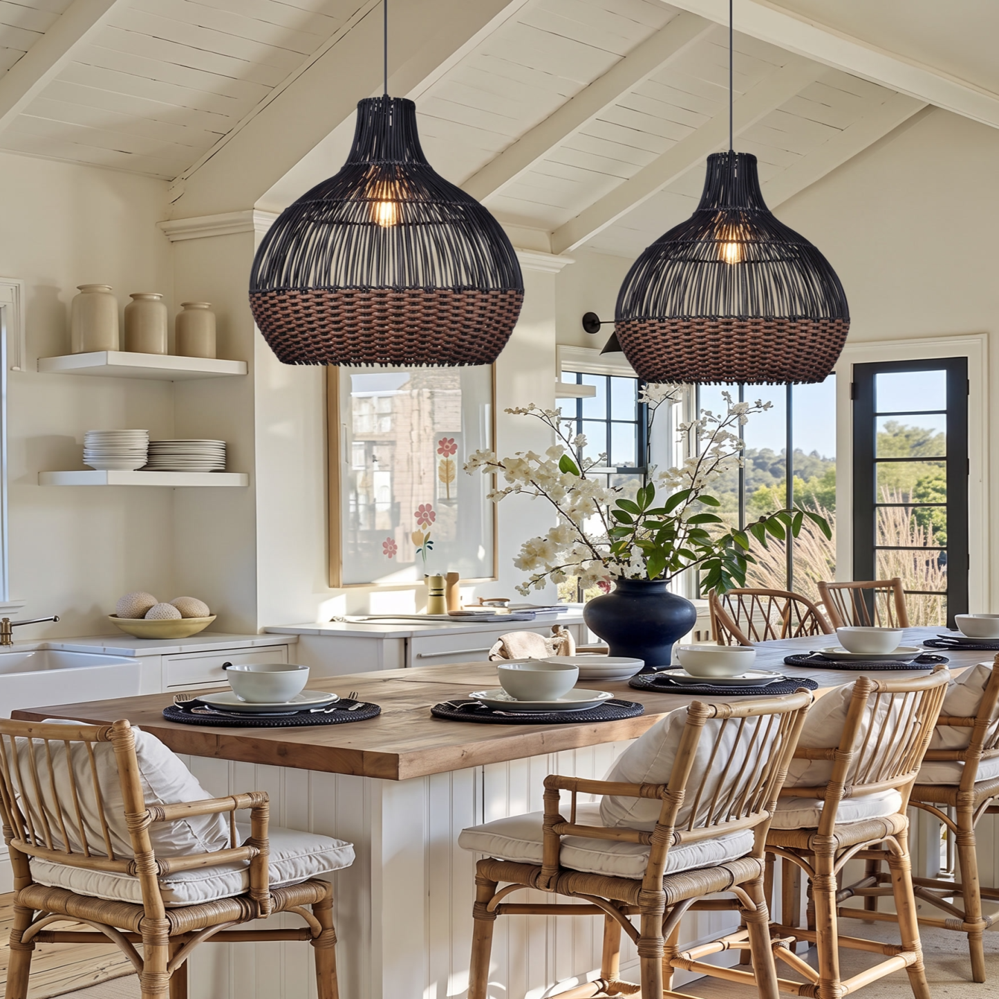 Black Woven Rattan Pendant Light – Handcrafted Boho Farmhouse Hanging Lamp for Dining Room Kitchen Living Room