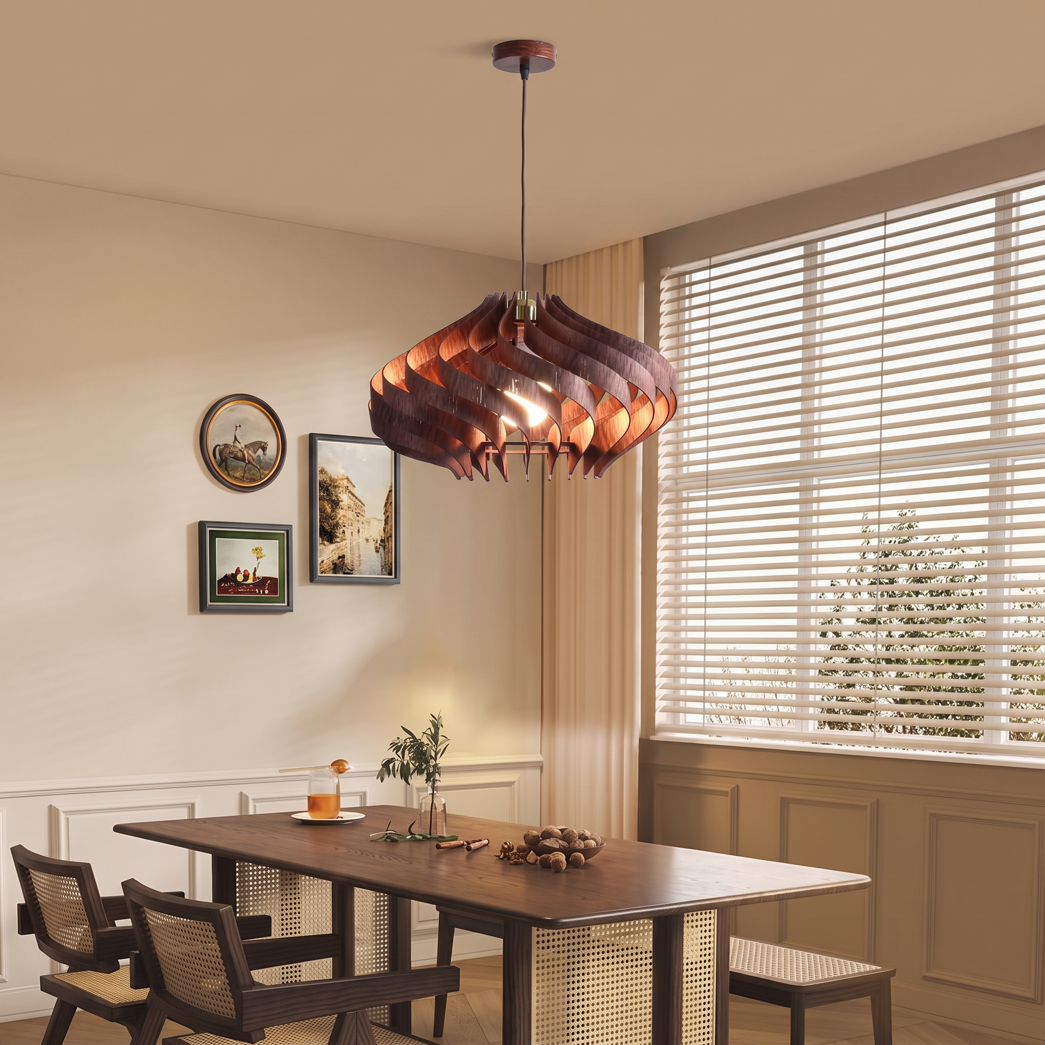 Retro Wooden Pendant Light Japandi Hanging Ceiling Lamp for Dining Room Kitchen Island Living Room