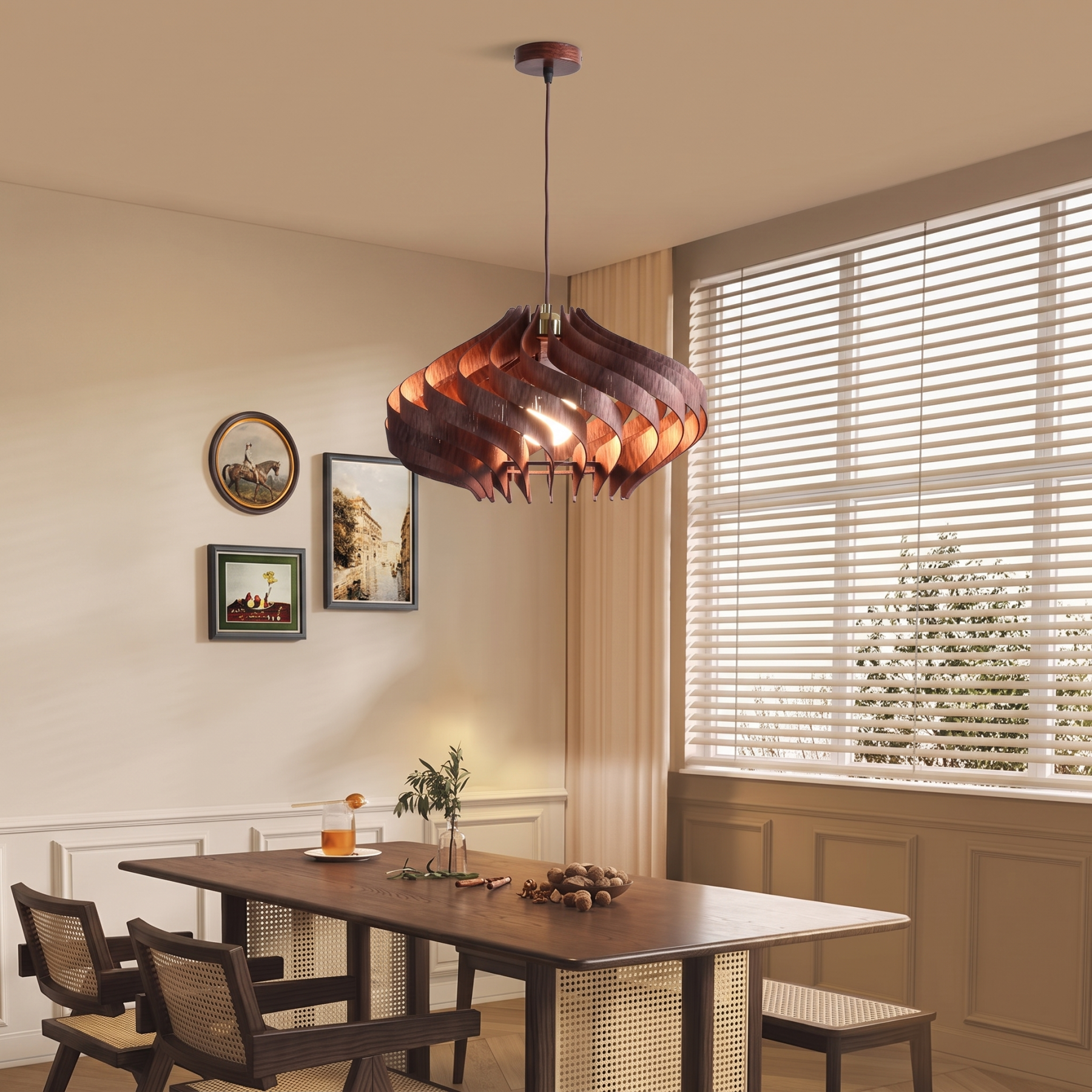 Retro Wooden Pendant Light Japandi Hanging Ceiling Lamp for Dining Room Kitchen Island Living Room