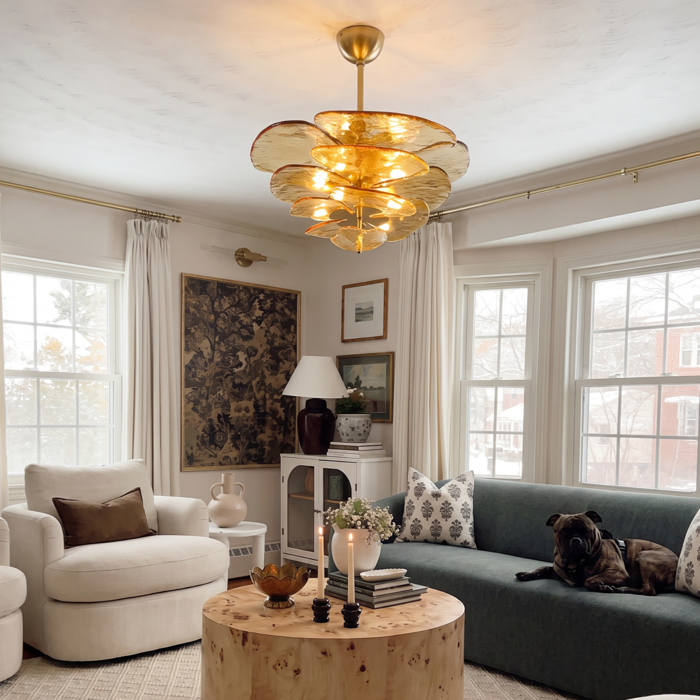 Mid-Century Modern Amber Petal Chandelier for Living Room Dining Area
