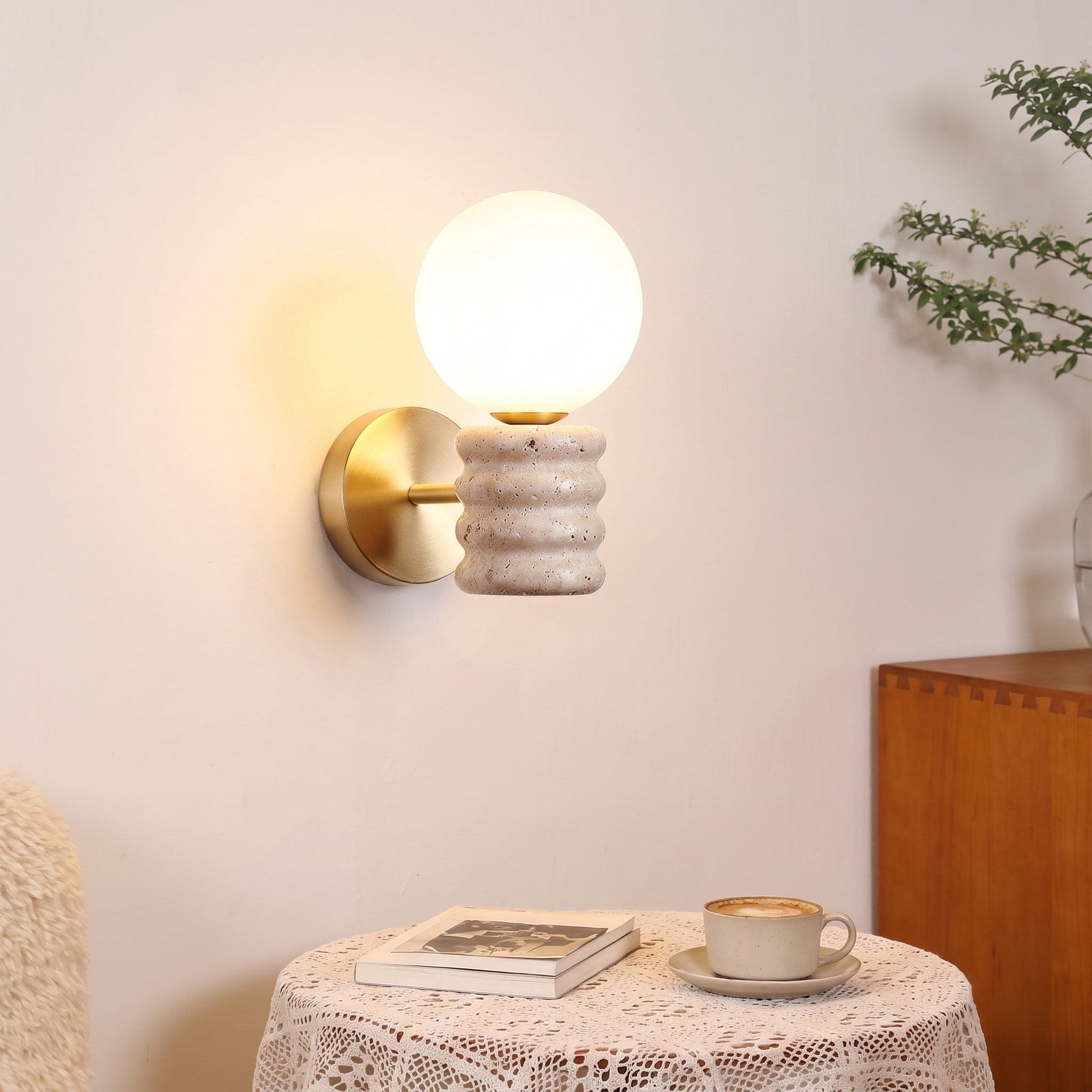 Modern Yellow Travertine Wall Sconce-Nordic Fluted Stone Wall Sconce Light for Bedroom Living Room Hallway