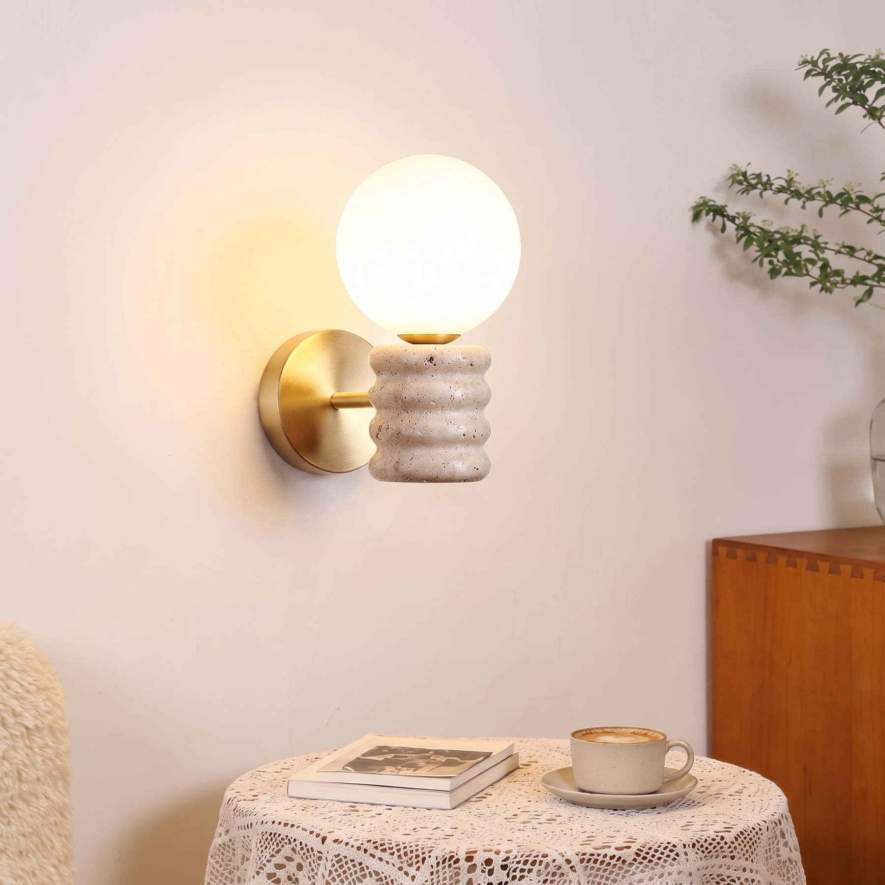 Modern Yellow Travertine Wall Sconce-Nordic Fluted Stone Wall Sconce Light for Bedroom Living Room Hallway