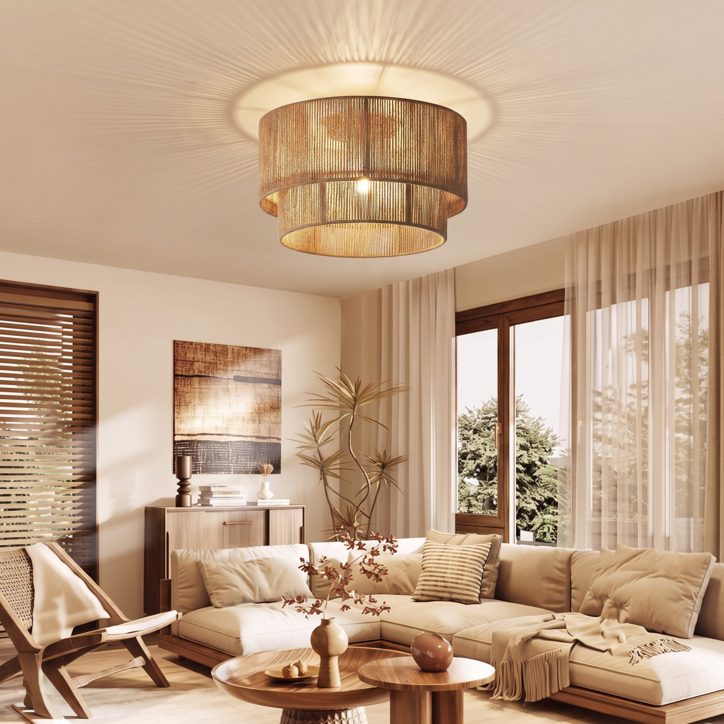 Japanese Retro Hemp Rope Semi Flush Ceiling Lamp for Bedroom