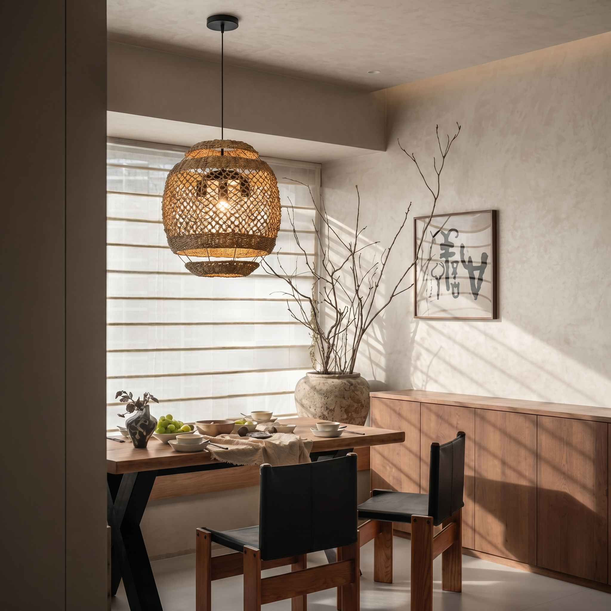 Handwoven Rattan Pendant Light Coastal Boho Hanging Chandelier for the Dining Room