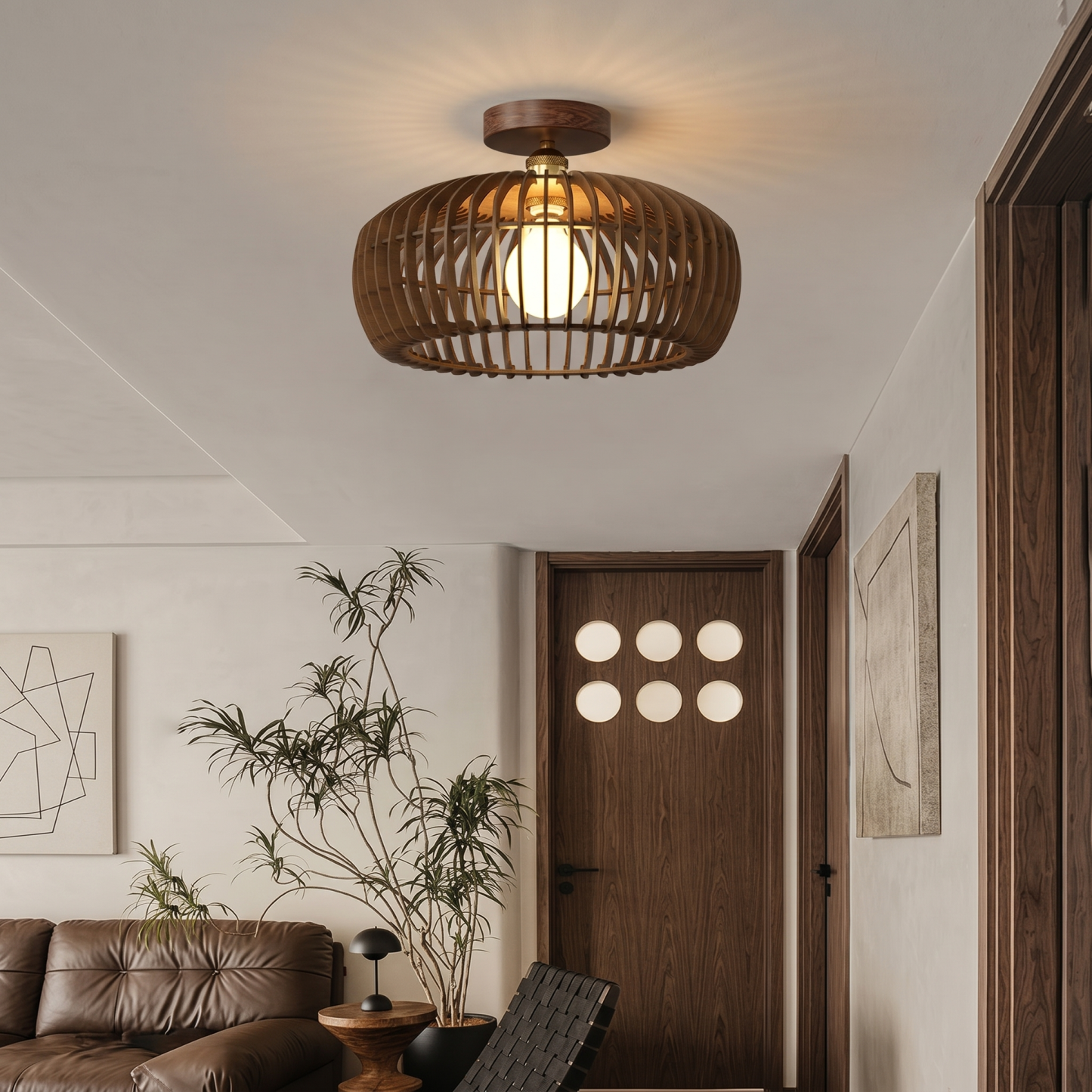 Retro Wabi-Sabi Style Wooden Ceiling Light for Bedrooms and Hallways
