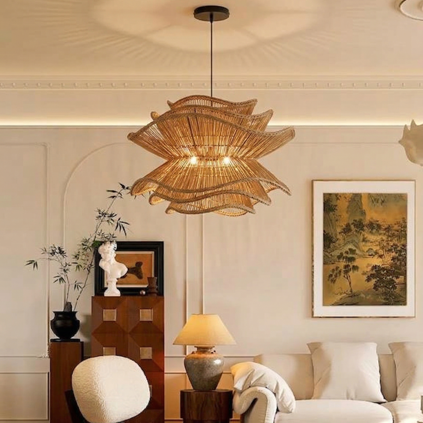 Vietnam Flower Rattan Pendant Light, Wicker Lampshade Chandelier