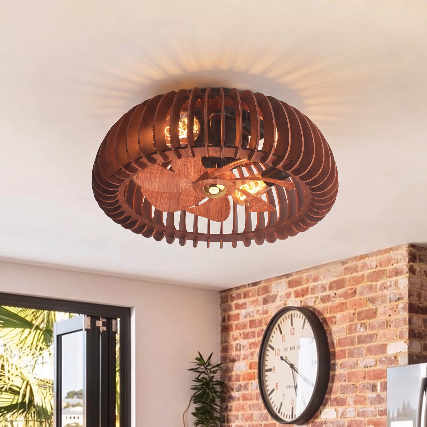 Handcrafted Wooden Cage Ceiling Fan Light Rustic Vintage Cage Chandelier Fan for Bedroom Living Room