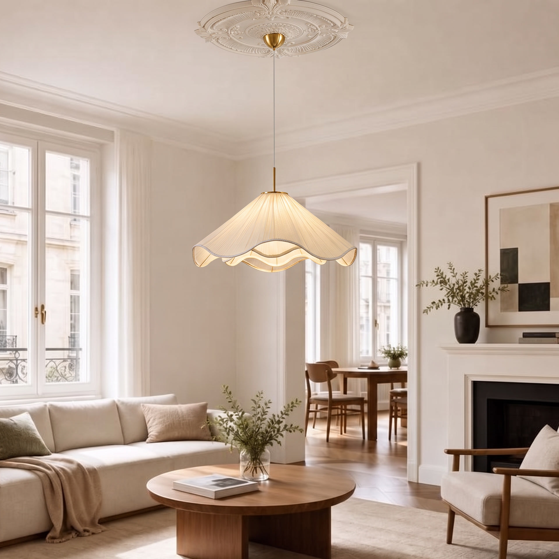 Creative Pleated White Fabric Flower Pendant Light-Elegant Hanging Lamp for Dining Room Bedroom Kitchen Island