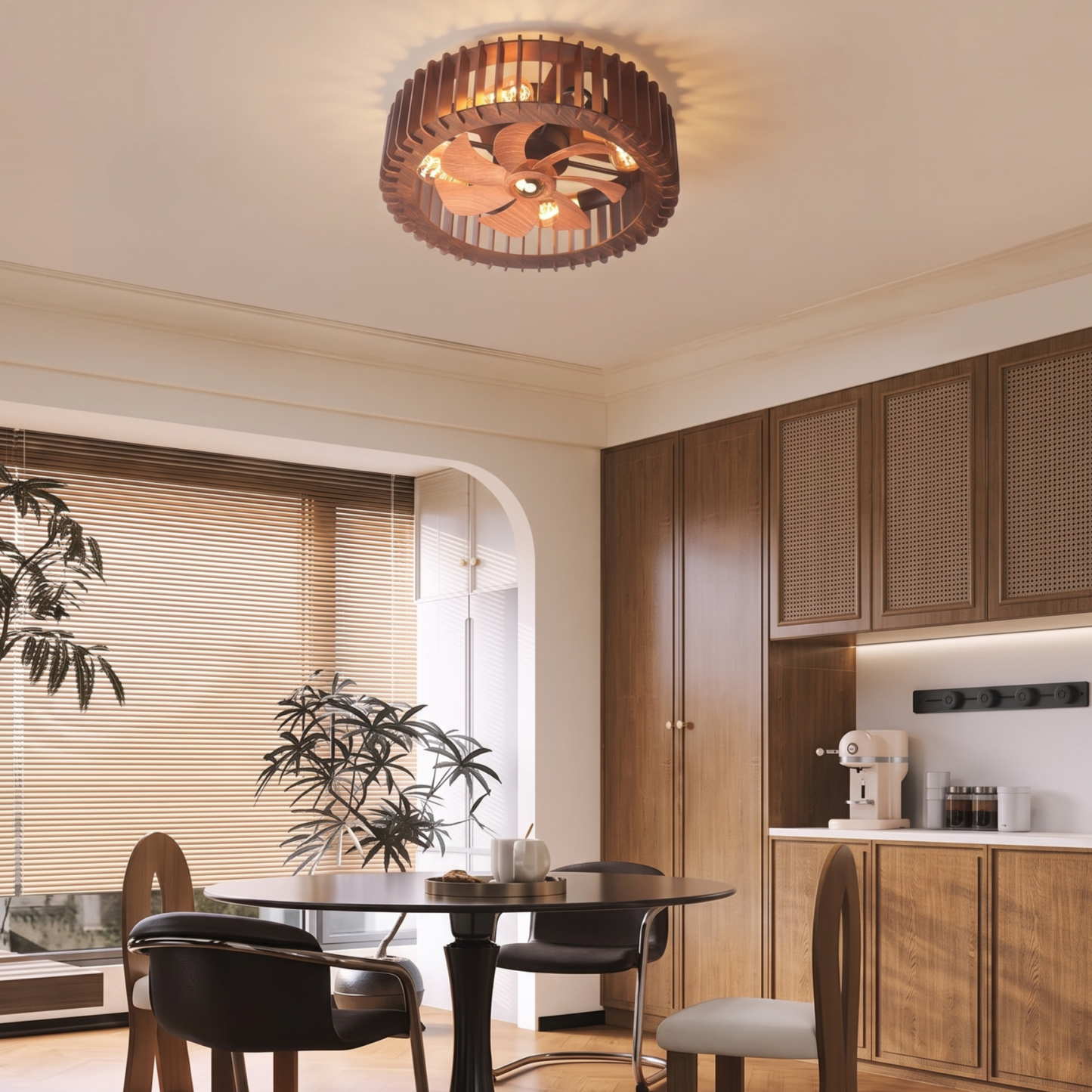 Vintage Wooden Cage Ceiling Fan with Lights Flush Mount Rustic Ceiling Fan for Bedroom Living Room