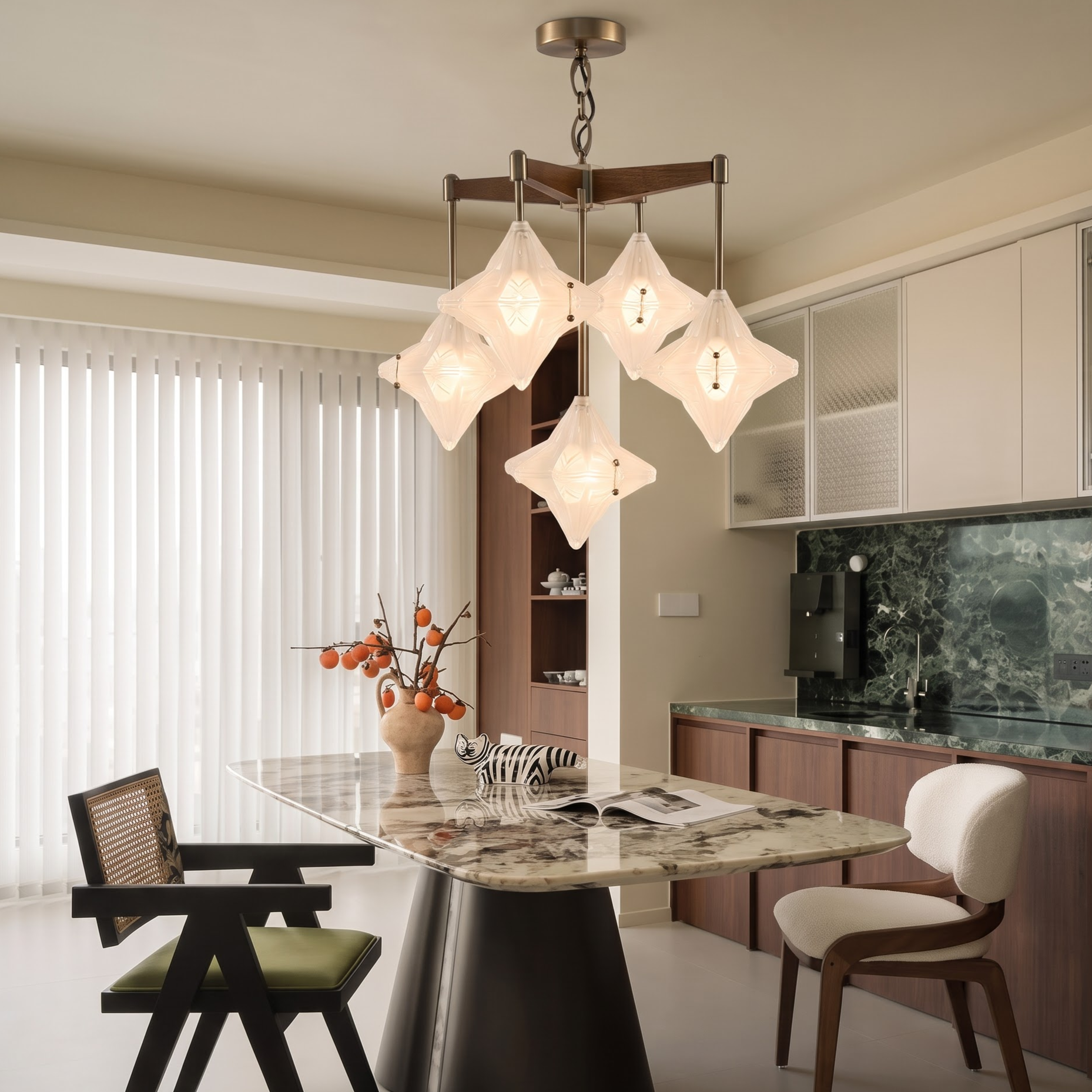 Mid-Century Modern Starburst Glass Chandelier Solid Wood Pendant Fixture for Dining Room Living Room Kitchen Island