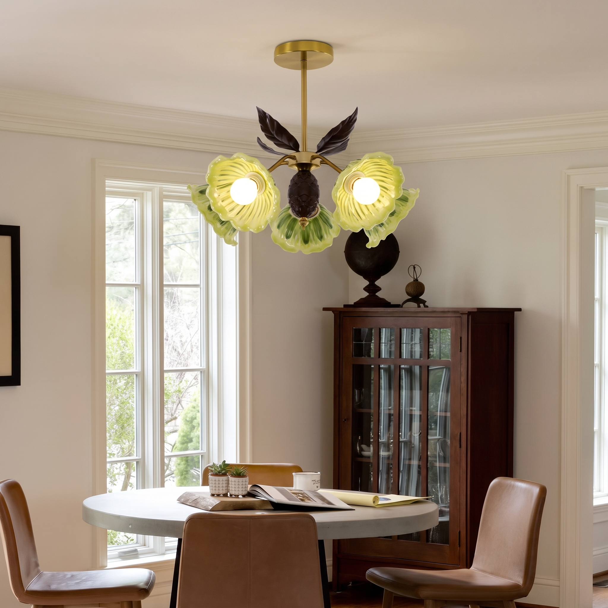 Vintage Green Art Ceramics Semi-Flush Mount Ceiling Light for Living Room Bedroom