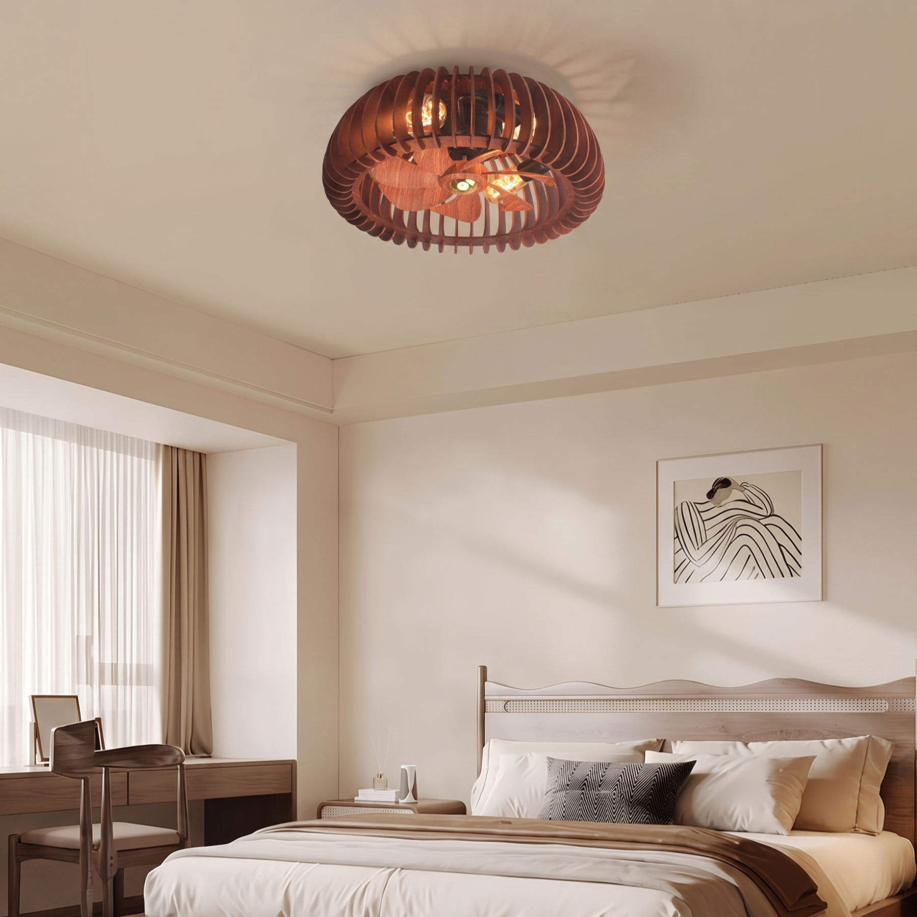Handcrafted Wooden Cage Ceiling Fan Light Rustic Vintage Cage Chandelier Fan for Bedroom Living Room
