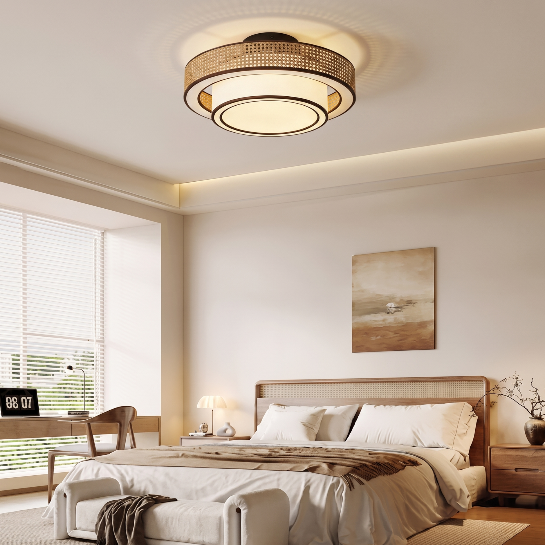 Japanese style Drum Rattan Flush Mount Ceiling Light for Bedroom Living Room