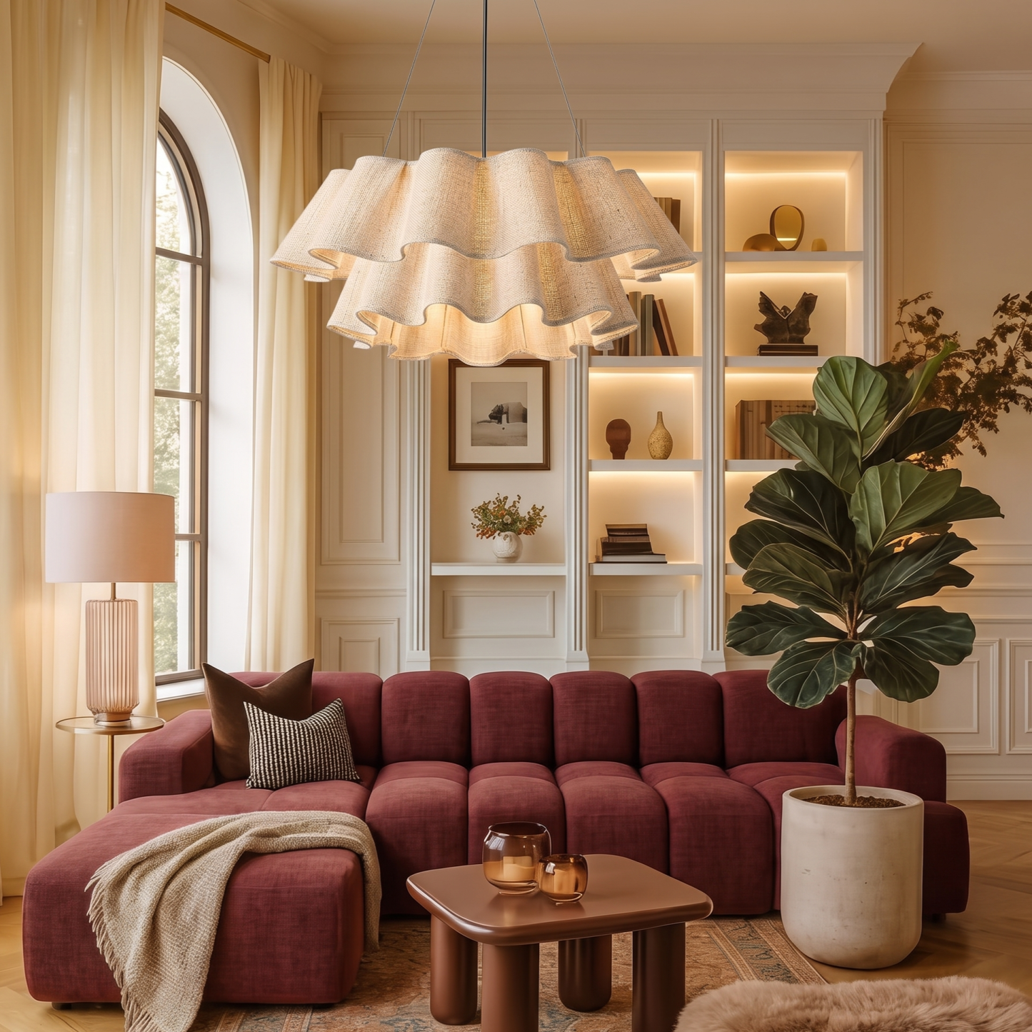 Nordic Wavy Linen Tiered Pendant Light – Modern Boho Pleated Fabric Chandelier for Dining Room & Living Room