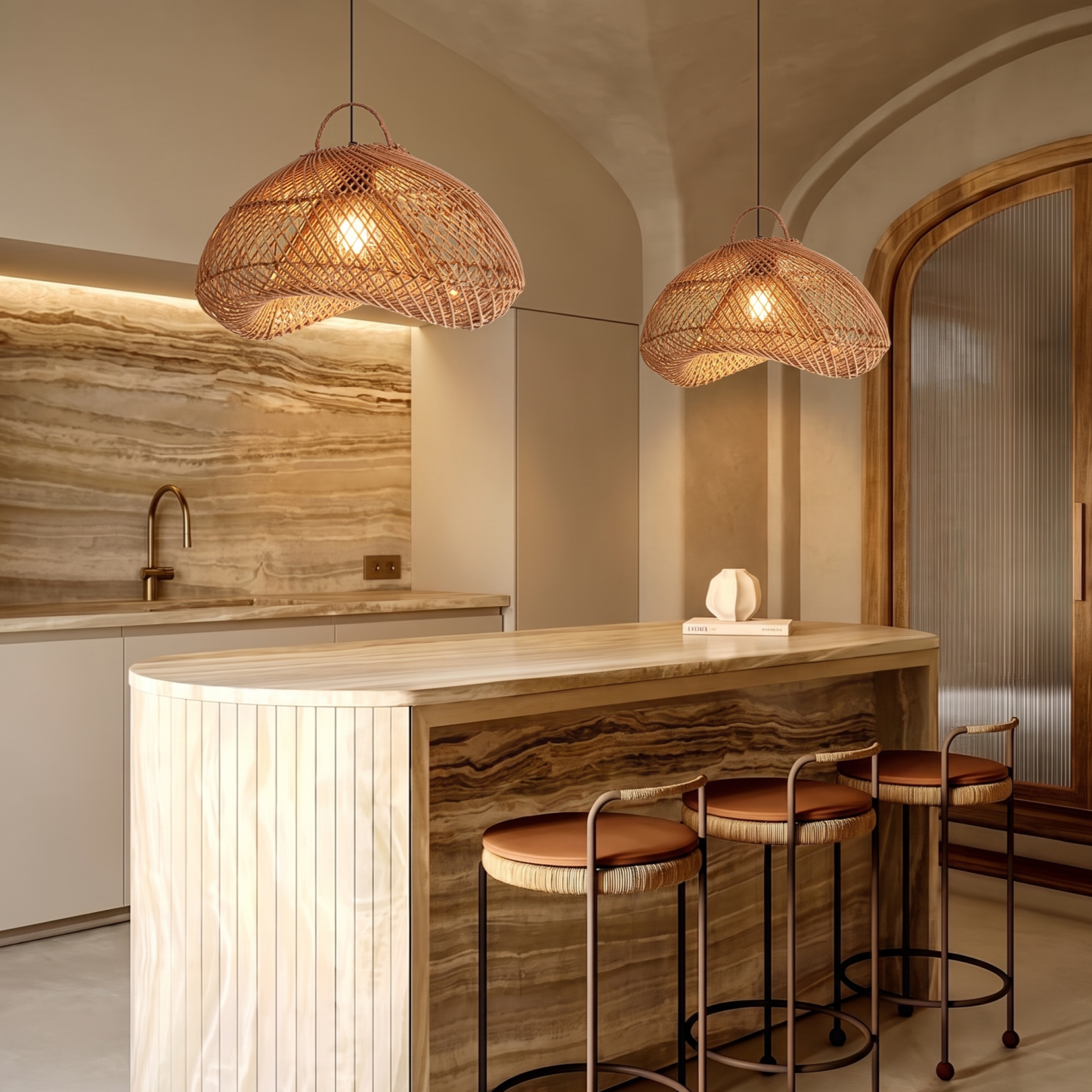 Handcrafted Rattan Pendant Light Retro Wabi-Sabi-style Chandelier for Dining Room Kitchen Island