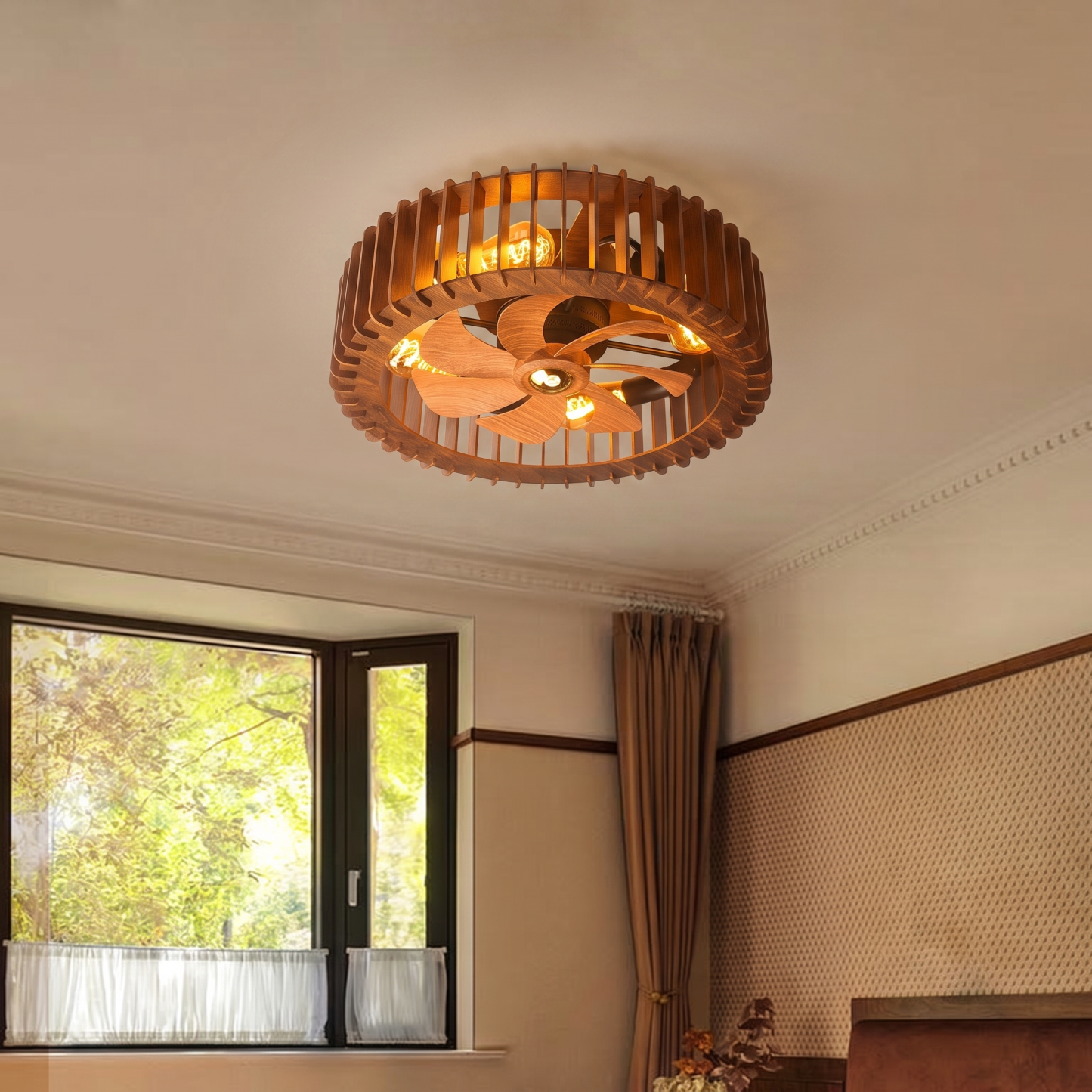 Vintage Wooden Cage Ceiling Fan with Lights Flush Mount Rustic Ceiling Fan for Bedroom Living Room