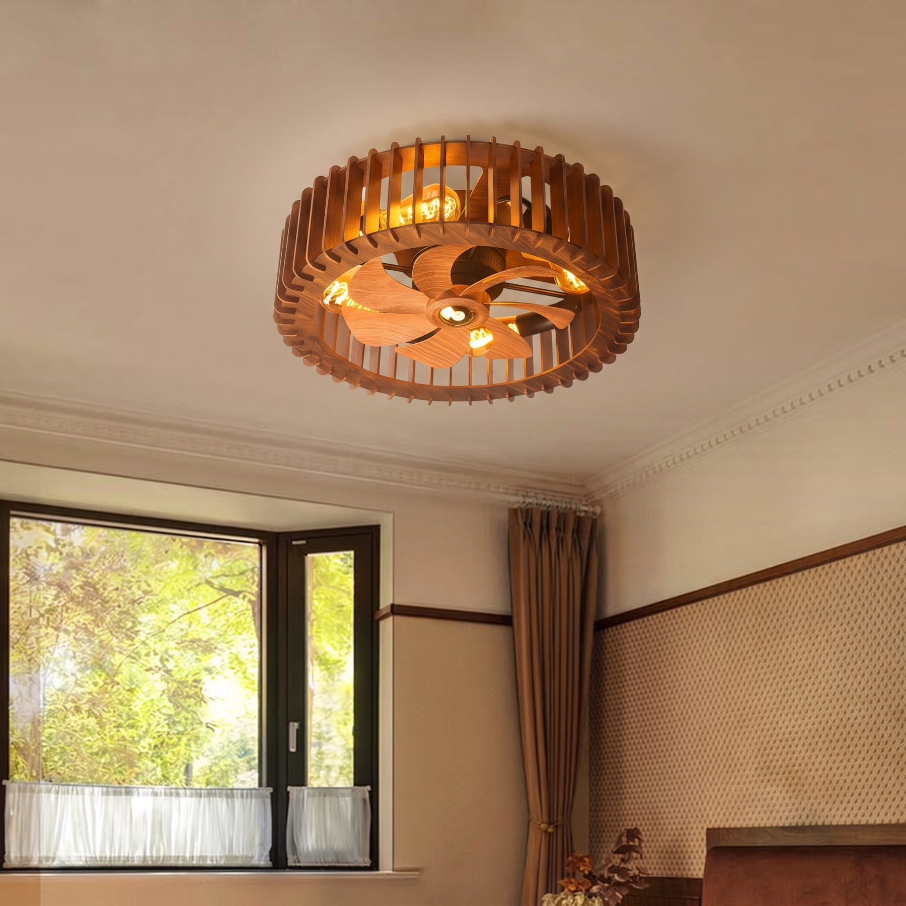 Vintage Wooden Cage Ceiling Fan with Lights Flush Mount Rustic Ceiling Fan for Bedroom Living Room
