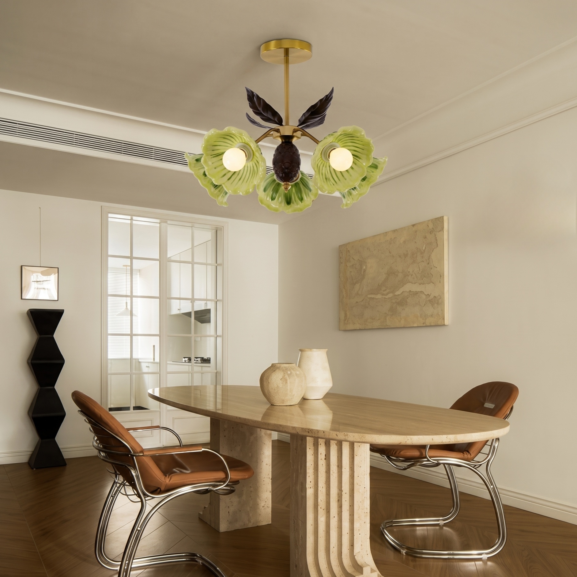 Vintage Green Art Ceramics Semi-Flush Mount Ceiling Light for Living Room Bedroom