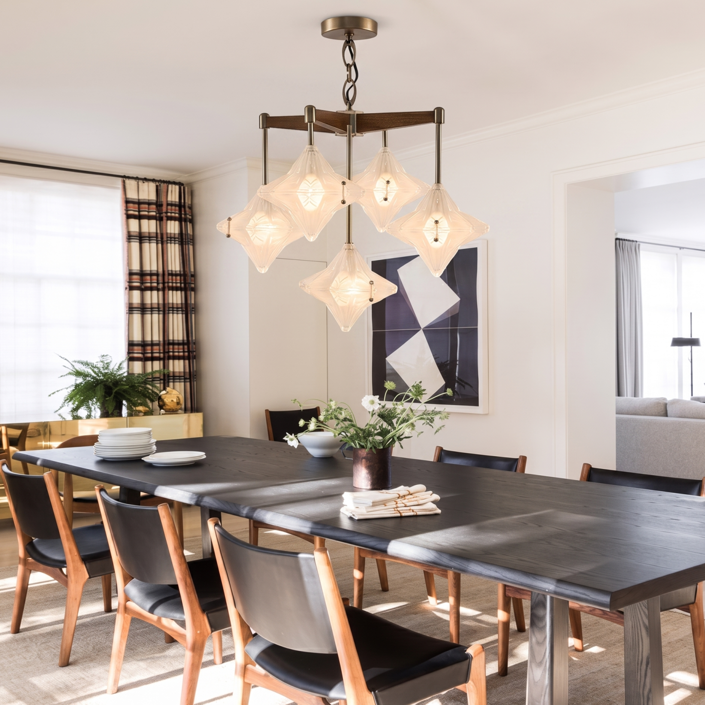 Mid-Century Modern Starburst Glass Chandelier Solid Wood Pendant Fixture for Dining Room Living Room Kitchen Island