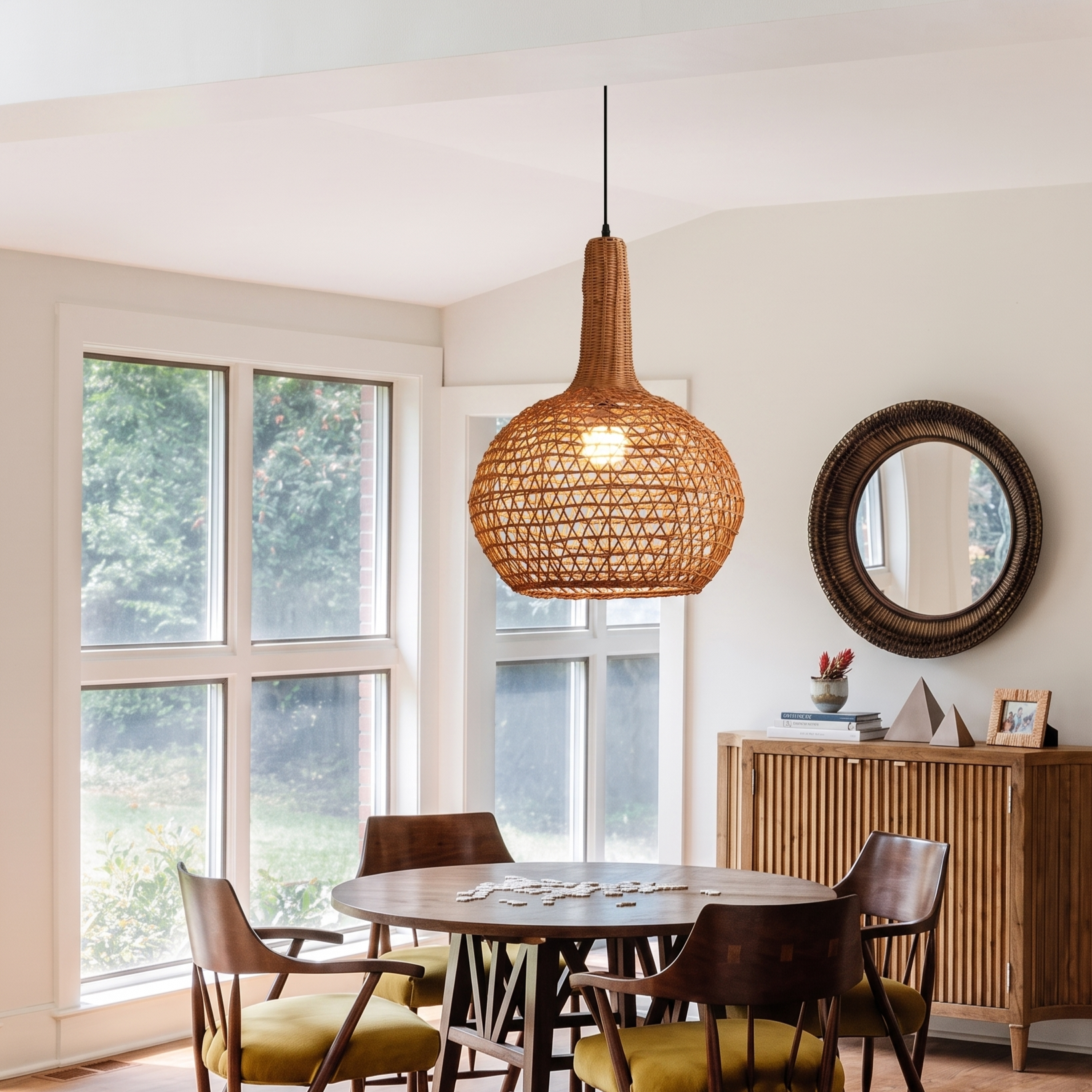 Woven Rattan Basket Pendant Light Boho Coastal Hanging Light Fixture for Dining Room Kitchen