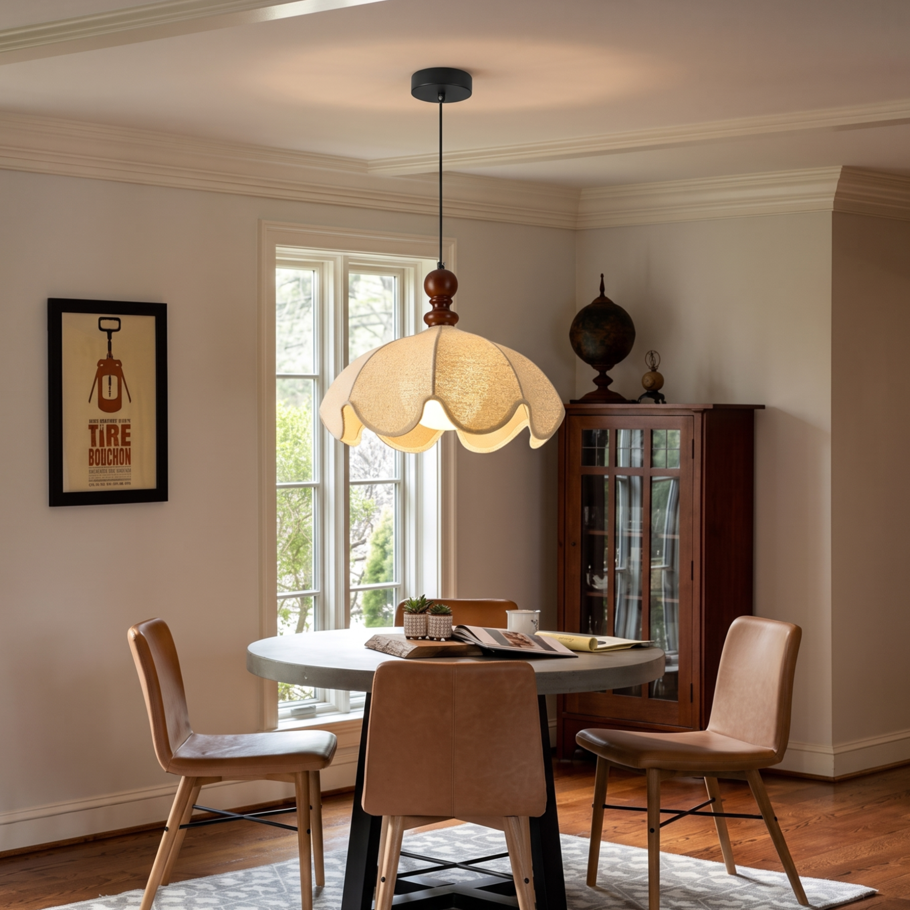 Vintage Fabric Pendant Light –Wabi-Sabi Fabric Shade Hanging Ceiling Light for  Dining Room Bedroom and Living Room
