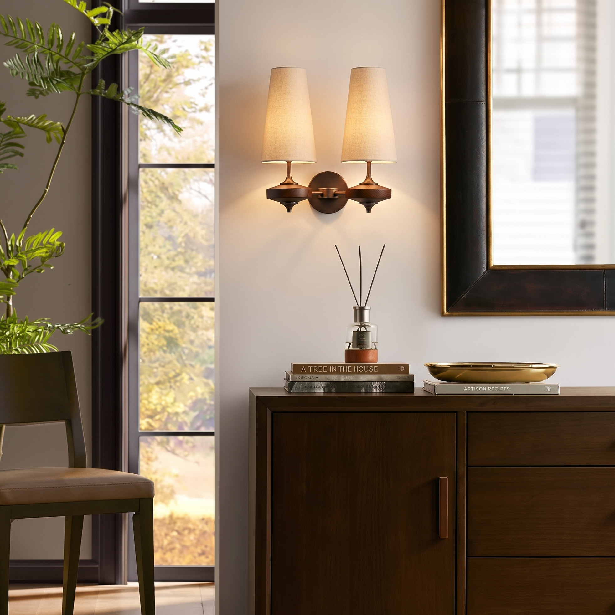 Modern Mid-Century Fabric Wall Sconce Elegant Dark Wood Accent Sconce for the Bedroom Living Room and Hallway