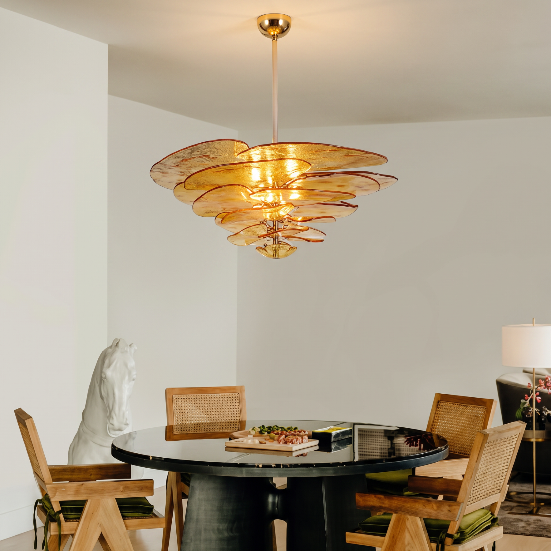 Mid-Century Modern Amber Petal Chandelier for Living Room Dining Area