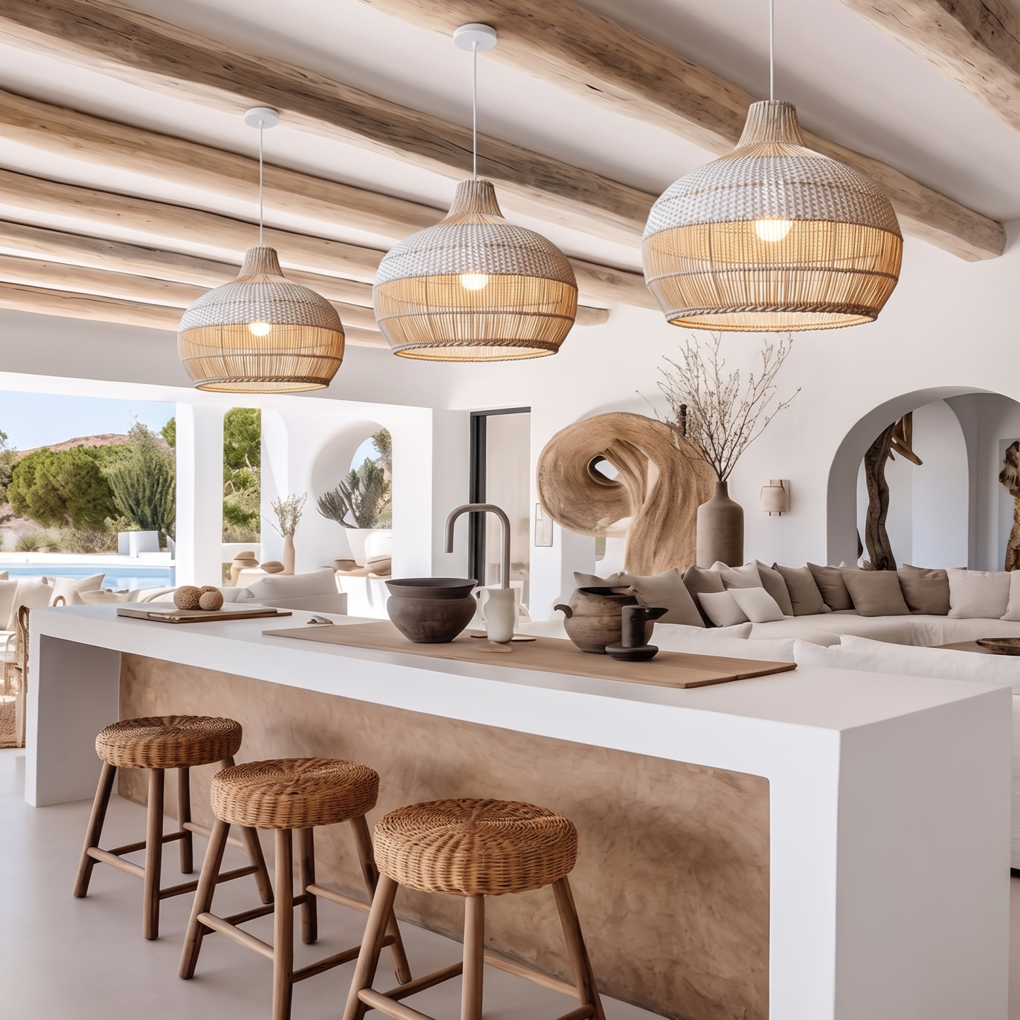 Handwoven Rattan Kitchen Island White Pendant Lighting Wicker Lamp Shade