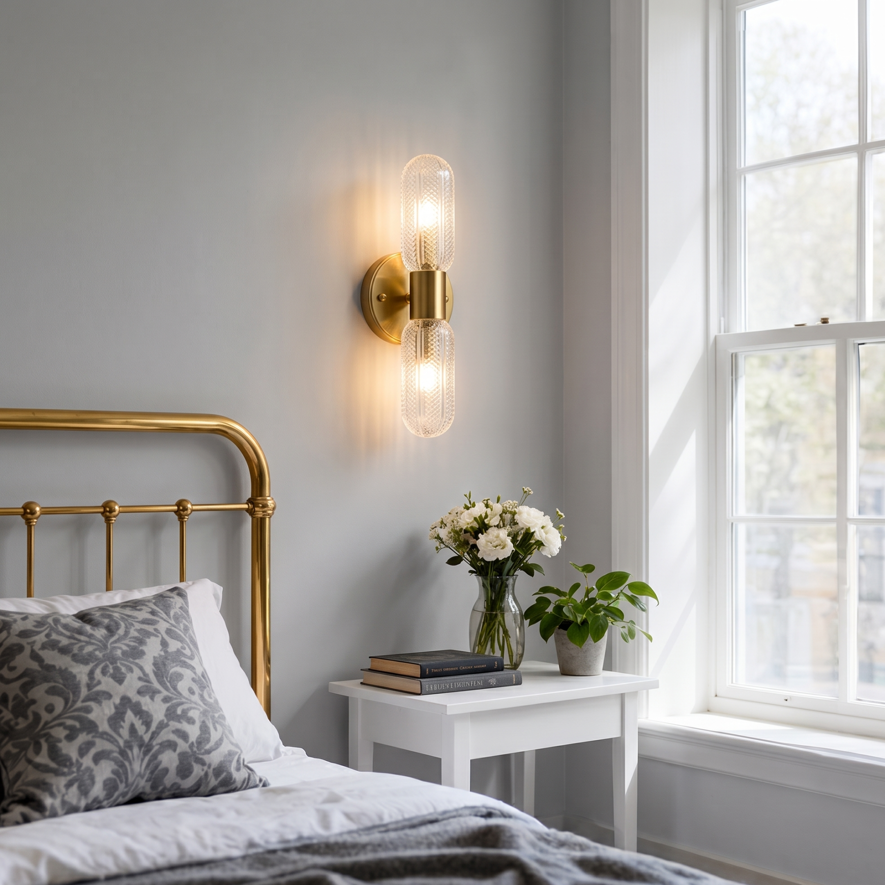 French Luxury Double Head Glass Wall Light-Modern Brass Sconce for Bedroom Living Room & Hallway