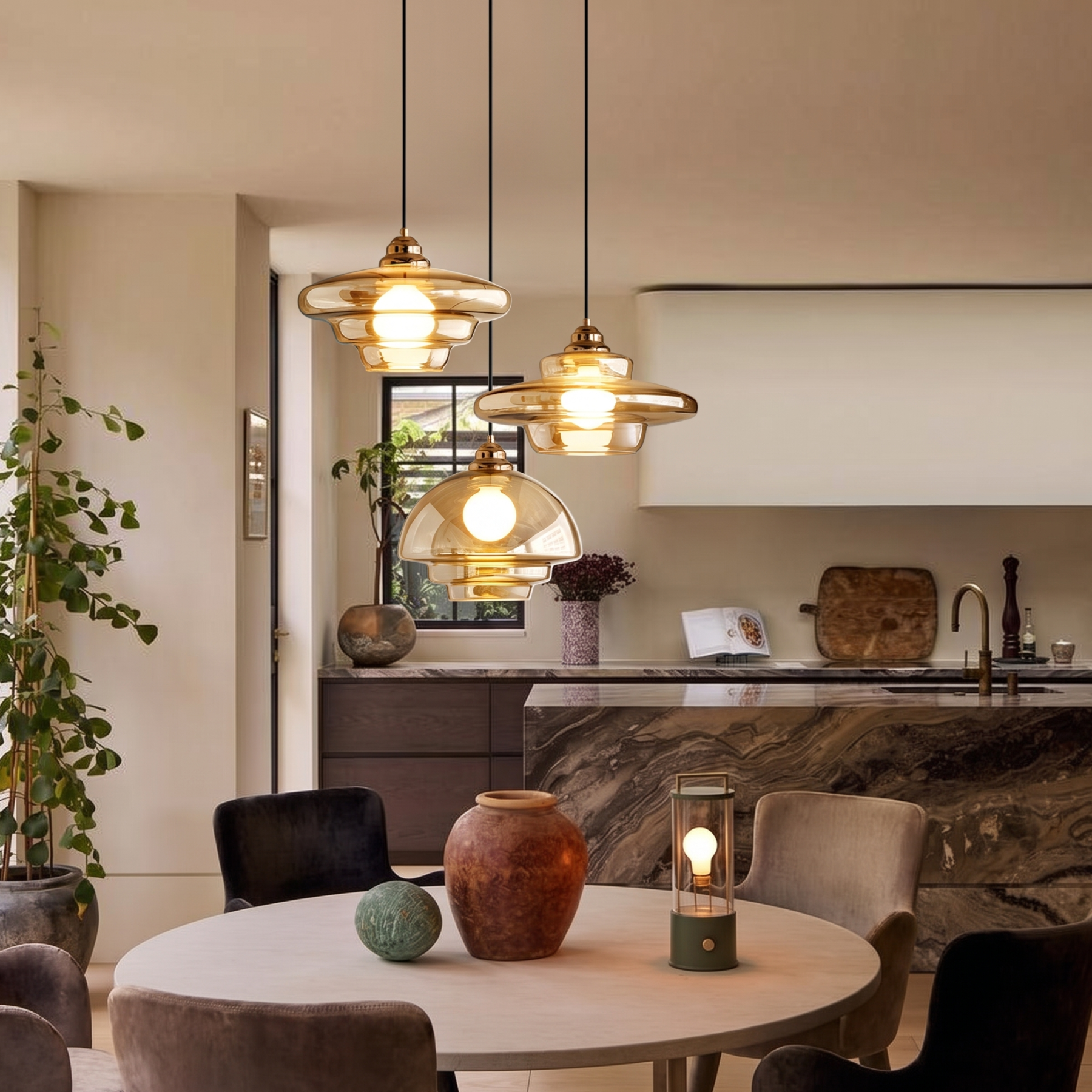 Modern Amber Layered Glass Pendant Light – Mid-Century Style Ceiling Lamp for Dining Rooms Kitchen IslandsBedrooms