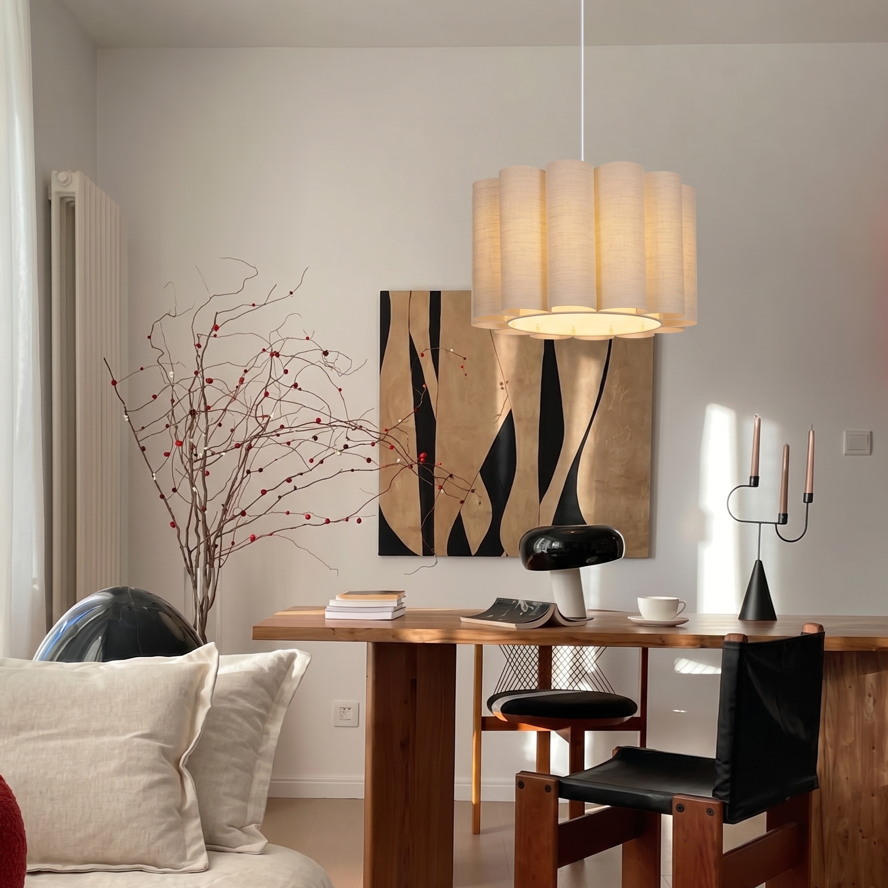 Modern Scalloped Fabric Pendant Light, Elegant Fabric Drum Chandelier  for BedroomLiving Room 