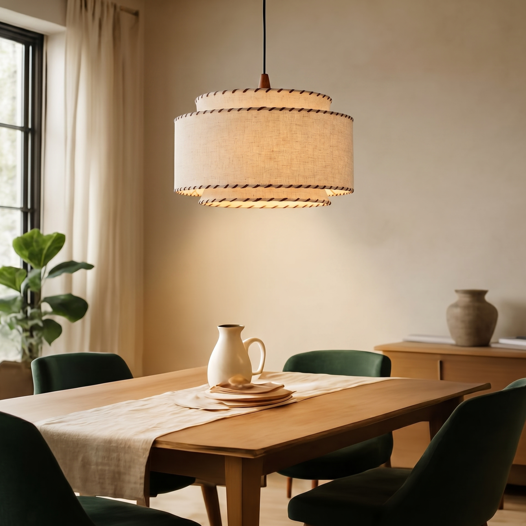Mid-Century Modern Drum Fabric Pendant Light for Living Room Bedroom