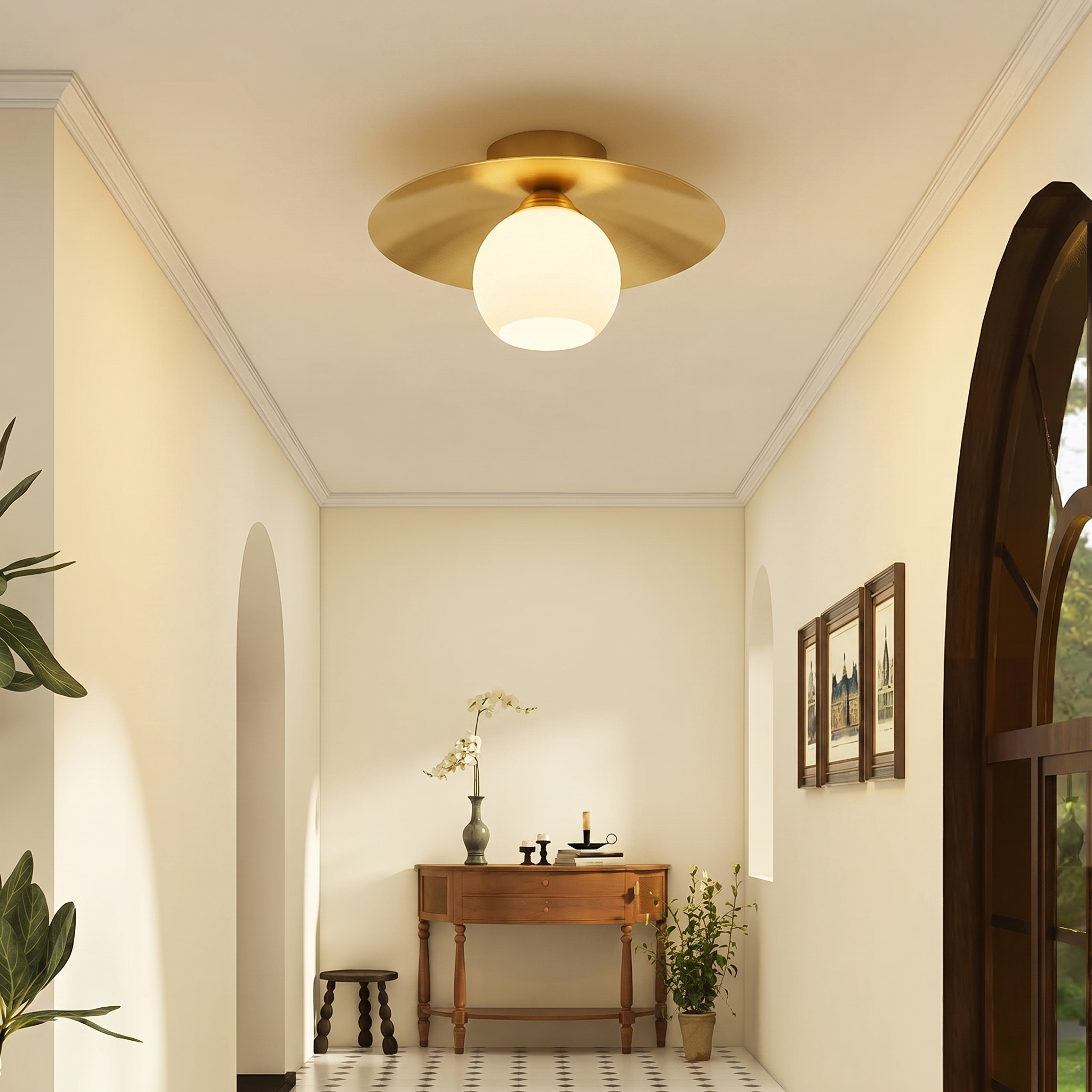 Nordic Luxury Brass Flying Saucer Ceiling Light for Hallways Corridors Entryways