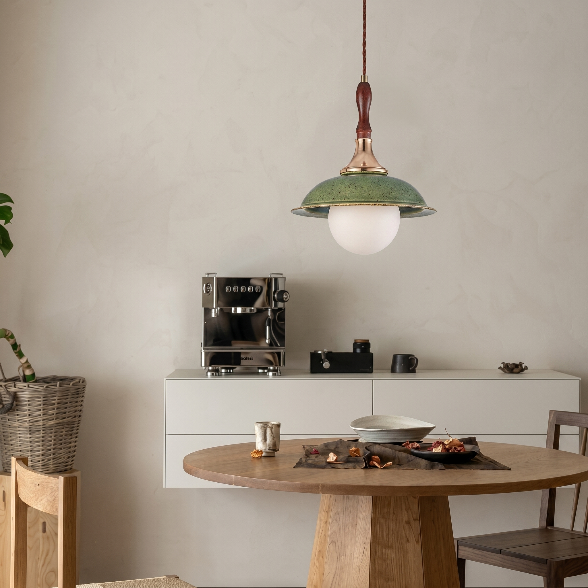 Wabi-Sabi Green Ceramic Hanging Pendant Light for for Dining Room Kitchen Island Cafe