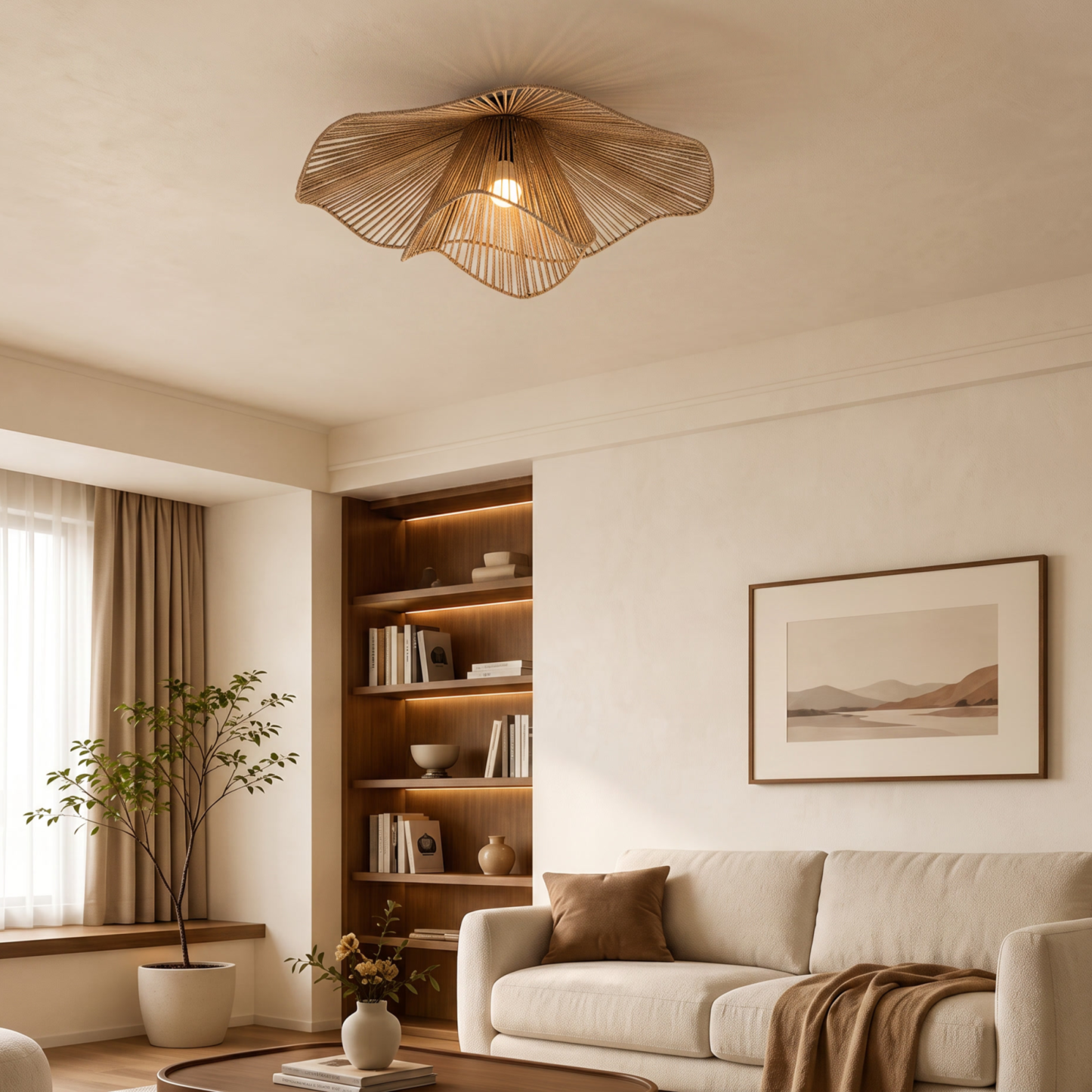Retro Wavy Woven Paper Rope Flush Mount Ceiling Light  for Living Room Bedroom